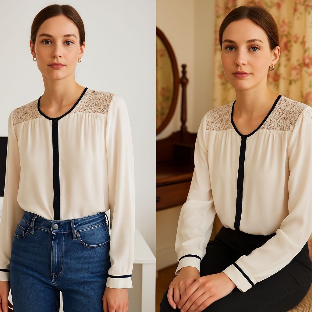 Other Chloe K Lace Blouse Cream Black Trim Long Sleeve L Coquette Size L / US 10 / IT 46 - 1 Thumbnail