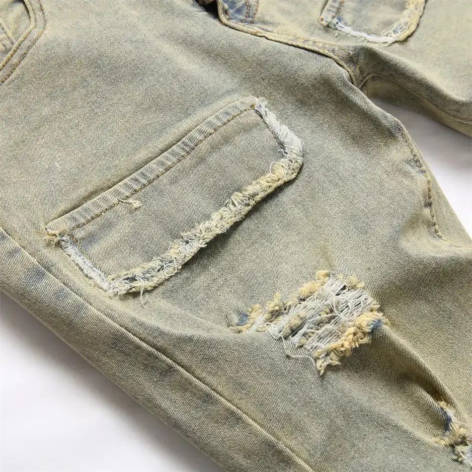 Japanese Brand Streetwear Retro Style Men Ripped Spliced Slim Jeans Size US 32 / EU 48 - 5 Thumbnail