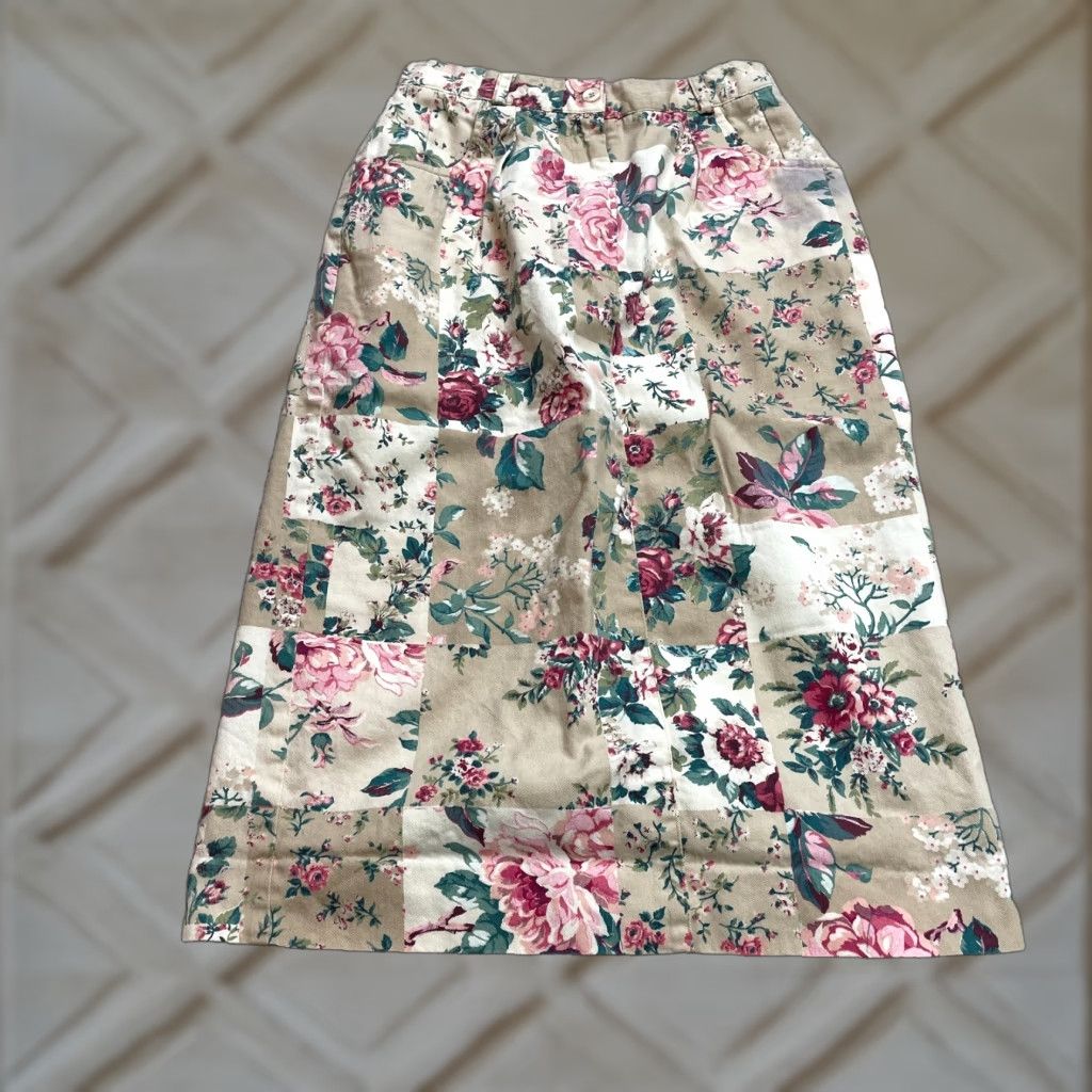 Vintage VINTAGE Carroll Reed Skirt Womens 6 Beige Floral Knee Length Cotton Pockets Size 28" / US 6 / IT 42 - 1 Thumbnail