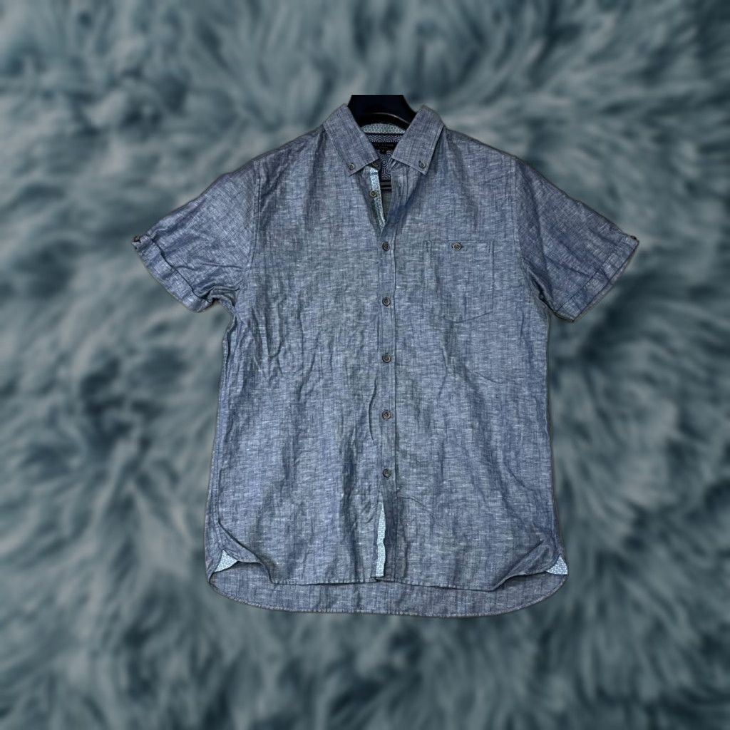 Ted Baker Ted Baker London Men's Button-Down Shirt Short Sleeve Linen Blend Blue 4 Regular with Button-Front Embroidered Mother Of Pearl Lined Buttons Dec Size US S / EU 44-46 / 1 - 1 Thumbnail