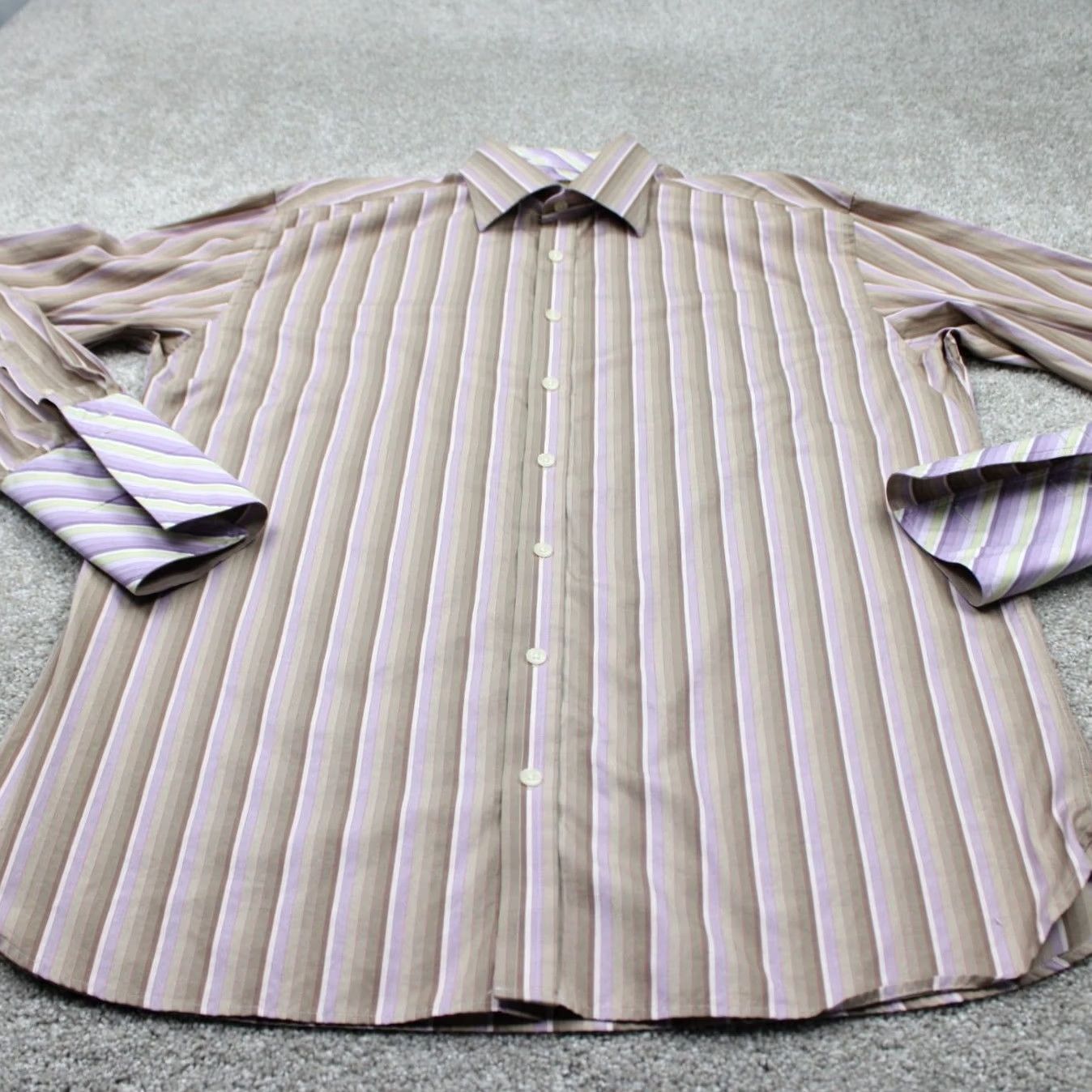 Ted Baker Ted Baker Dress Shirt Men 17, 43.5 Brown/Purple Cotton Long Sleeve French Cuff L/S Button-Down 90s London Dress Shirt Mens Size 46R - 3 Thumbnail