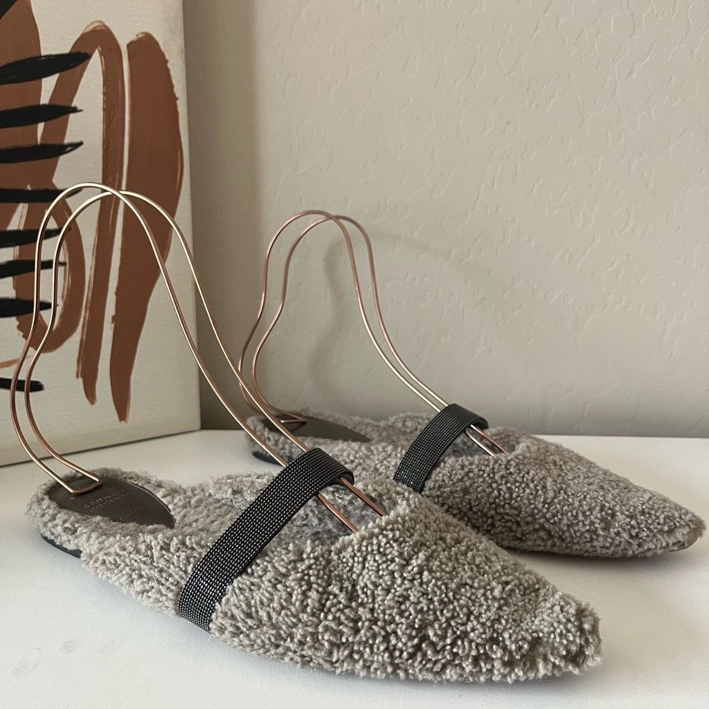 Brunello Cucinelli Brunello Cucinelli Shearling Monili Band Flat Slip On Mules Size US 8 / IT 38 - 1 Thumbnail