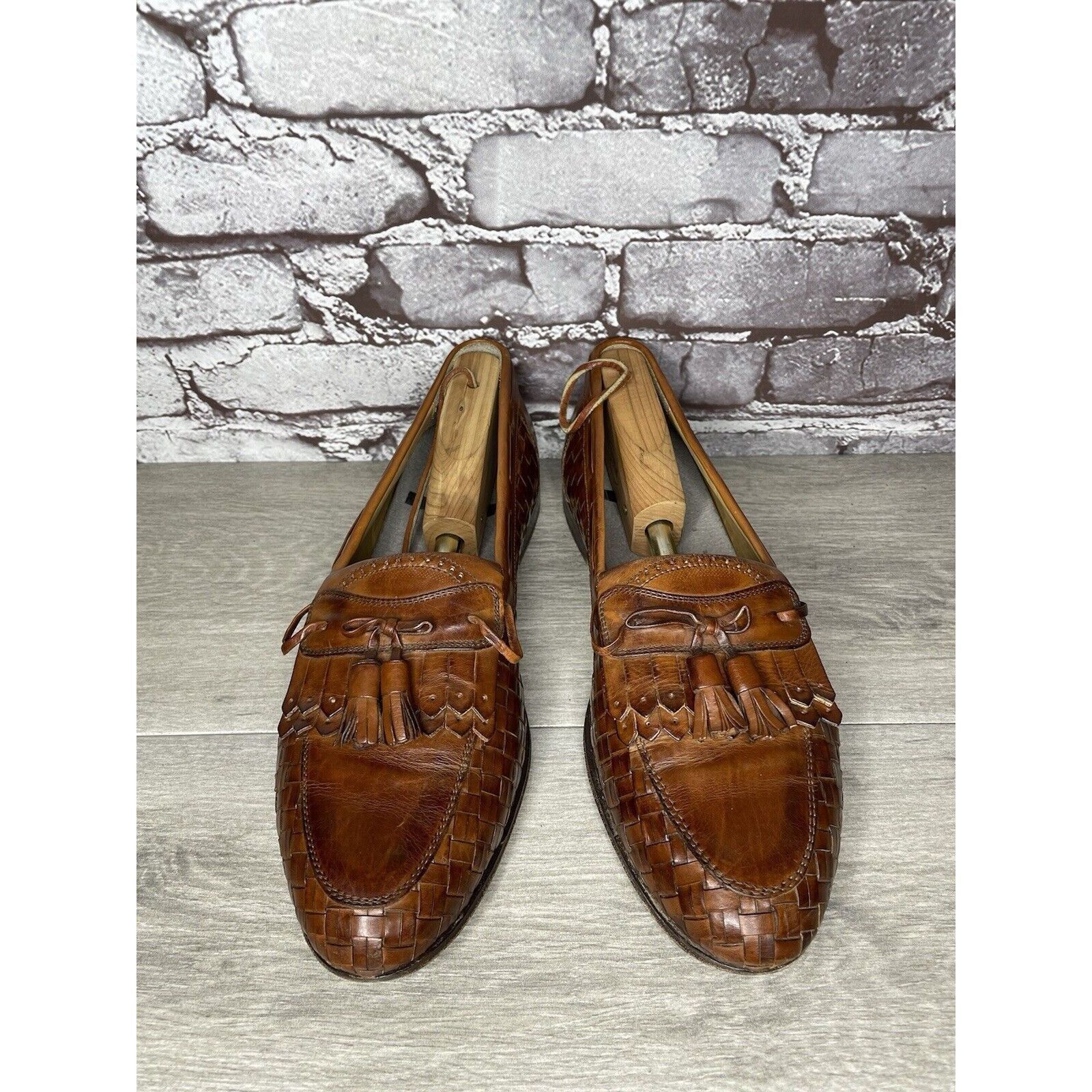 Johnston & Murphy Johnston & Murphy Brown Leather Woven Kiltie Tassel Loafers Size US 12 / EU 45 - 19 Thumbnail