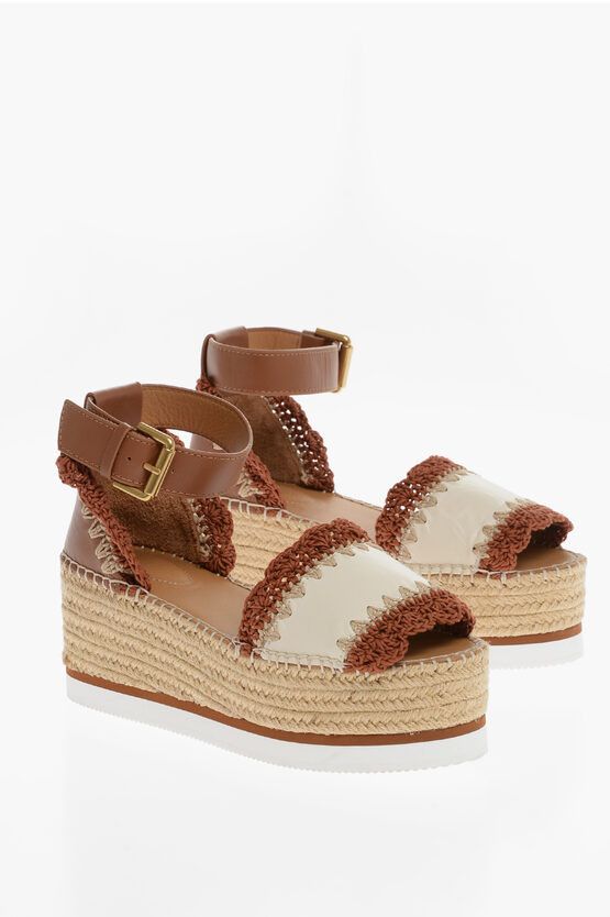 image of Chloe See By Leather And Braided Fabric Ankle Strap Sandals With R in Brown, Women's (Size 8)