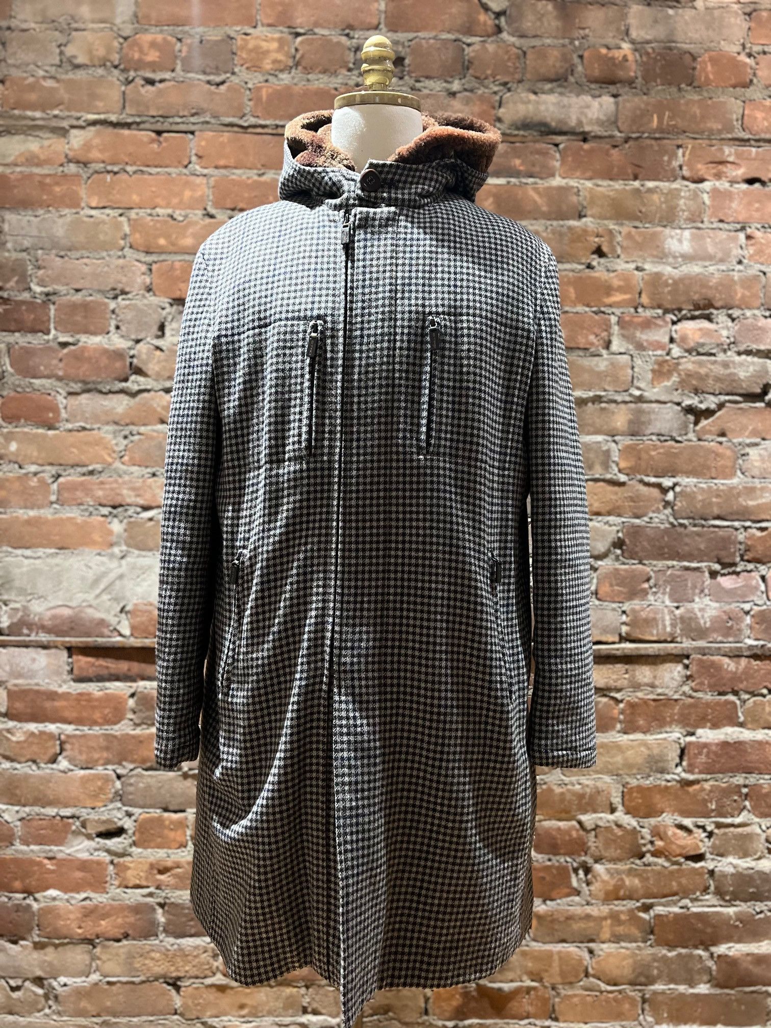 Etro ETRO Milano Wool Blend Houndstooth Coat with Shearling Hood Size US L / EU 52-54 / 3 - 2 Thumbnail