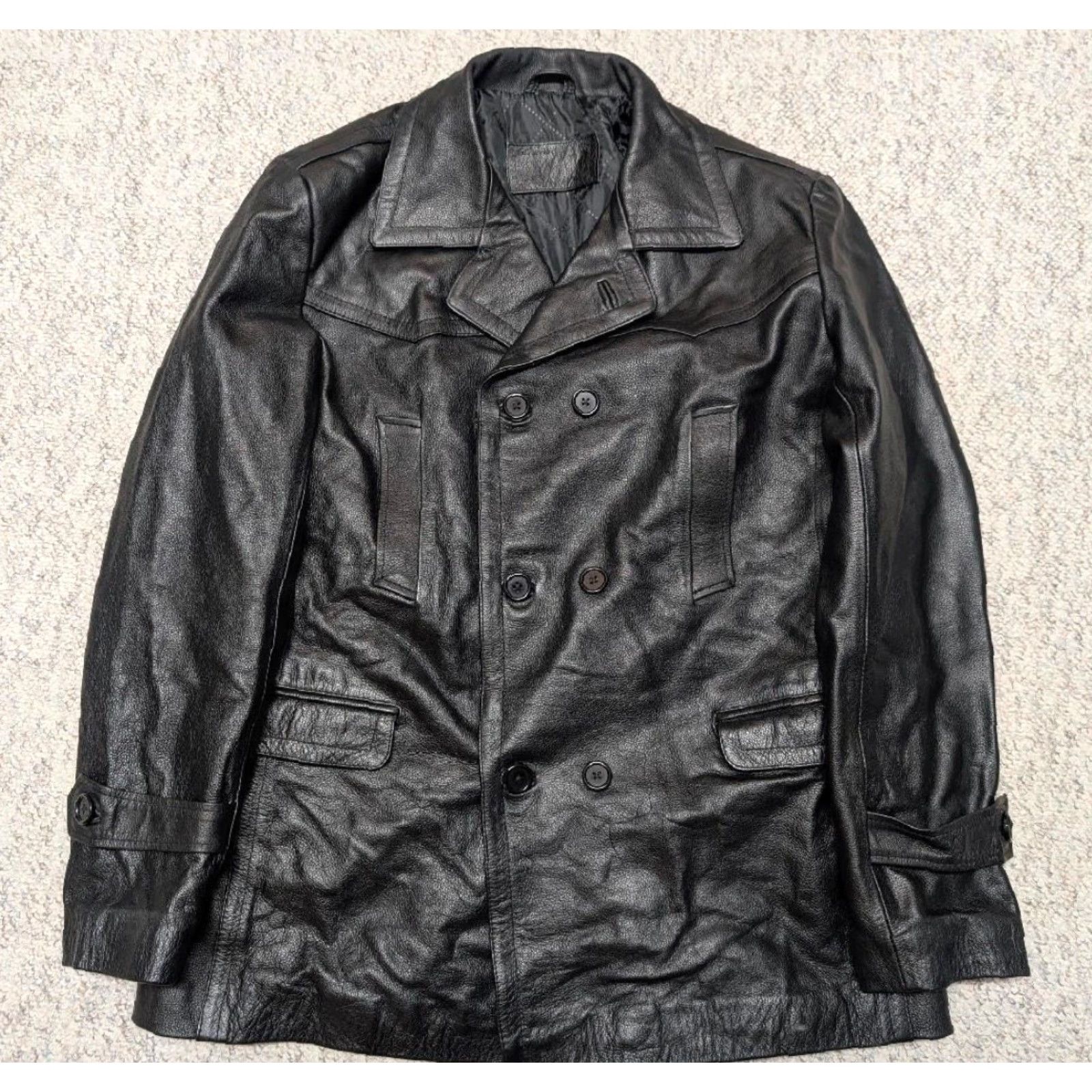 Doublet VINTAGE WESTERN Pea Coat Leather 44 Chest 24.5" Cowhide Black Tall LONG Mens 1990s Cowboy Size US L / EU 52-54 / 3 - 7 Thumbnail