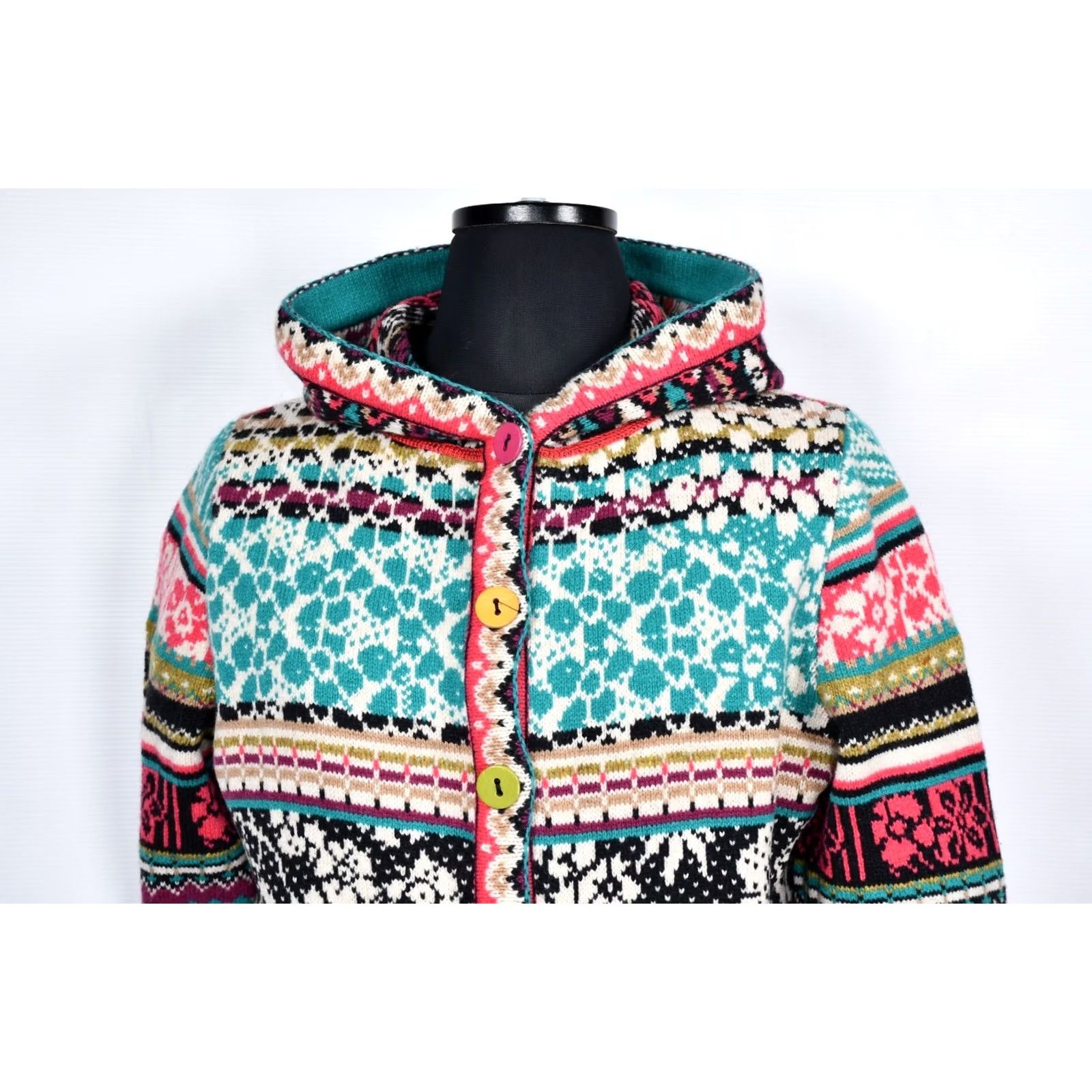 Vintage IVKO Multicoloured Knitted Wool Sweater Hooded Jacket Women's L Size L / US 10 / IT 46 - 2 Thumbnail