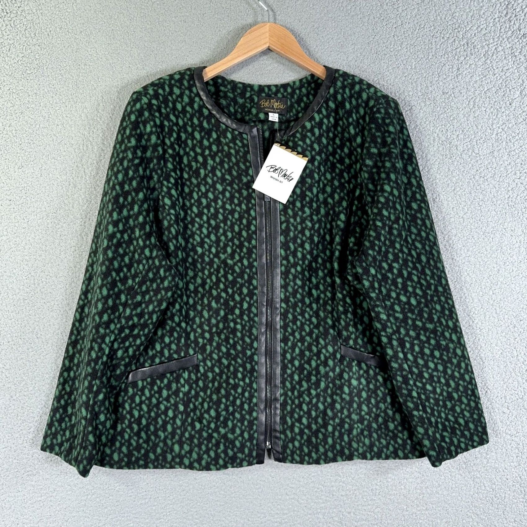Bob Mackie VINTAGE Bob Mackie Jacket Womens L Green Black Zip Front Faux Leather Trim Print Size L / US 10 / IT 46 - 2 Thumbnail
