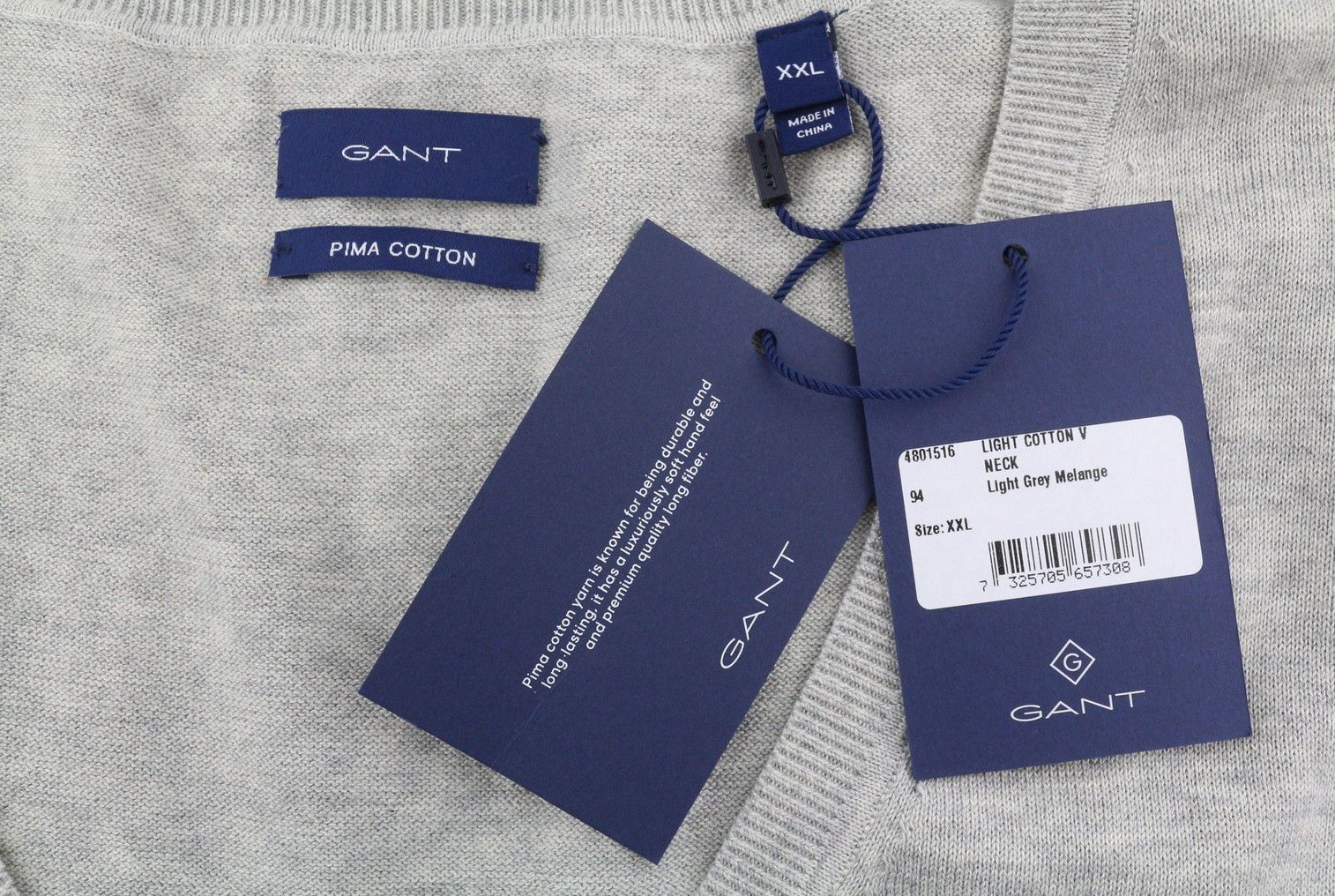 Gant LIGHT COTTON V-NECK 2XL Light Grey Melange Knit 88098 Size XXL / US 16-18 / IT 52-54 - 7 Thumbnail