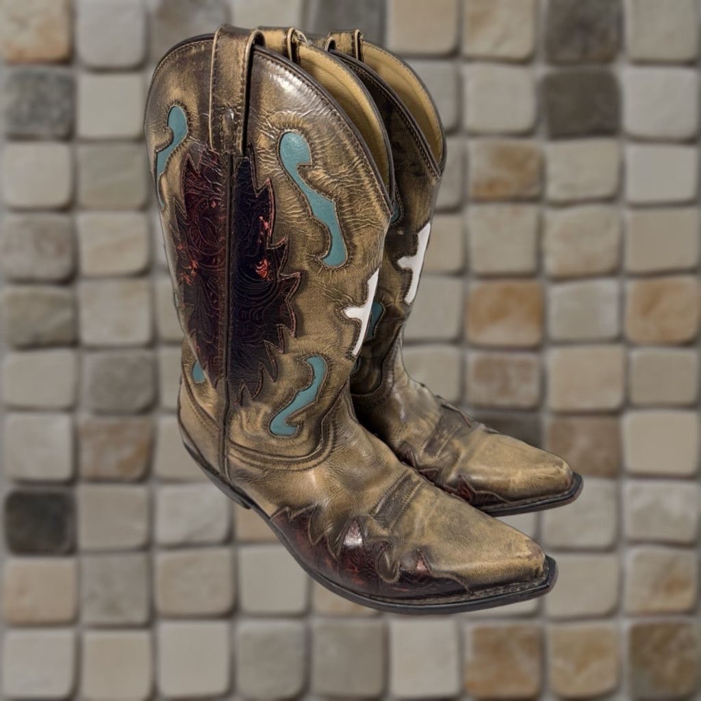 Vintage Smoky Mountain Boots Boots Men 9.5 D Brown Leather Inlay White Cross Snipped Toe 6229 Brown Leather Western United States Mens Size US 10 / EU 43 - 1 Thumbnail