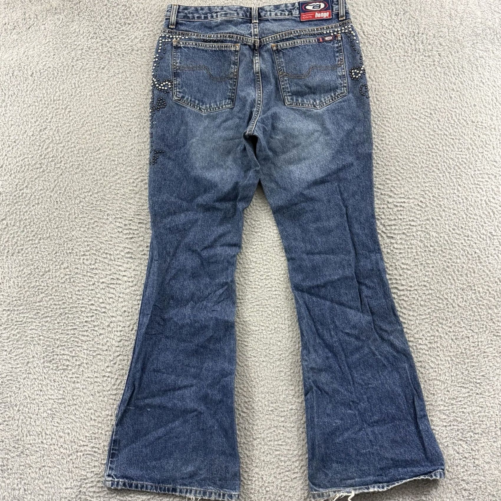 Vintage Bongo Jeans Womens 9 Blue Denim 90s Low Rise Flare Studded Y2K Size 30" / US 8 / IT 44 - 6 Thumbnail