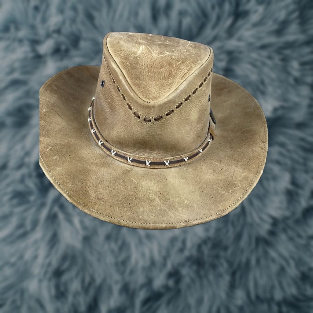 CO VINTAGE Black Bart Villano Hat Co Leather Western Cowboy Hat Outdoorsman Sz M Brown Leather Western Cowboy Hat Mens M Size ONE SIZE - 1 Thumbnail