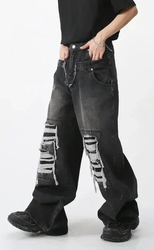 Japanese Brand Double waist ripped patchwork Baggy jean Size US 30 / EU 46 - 1 Thumbnail