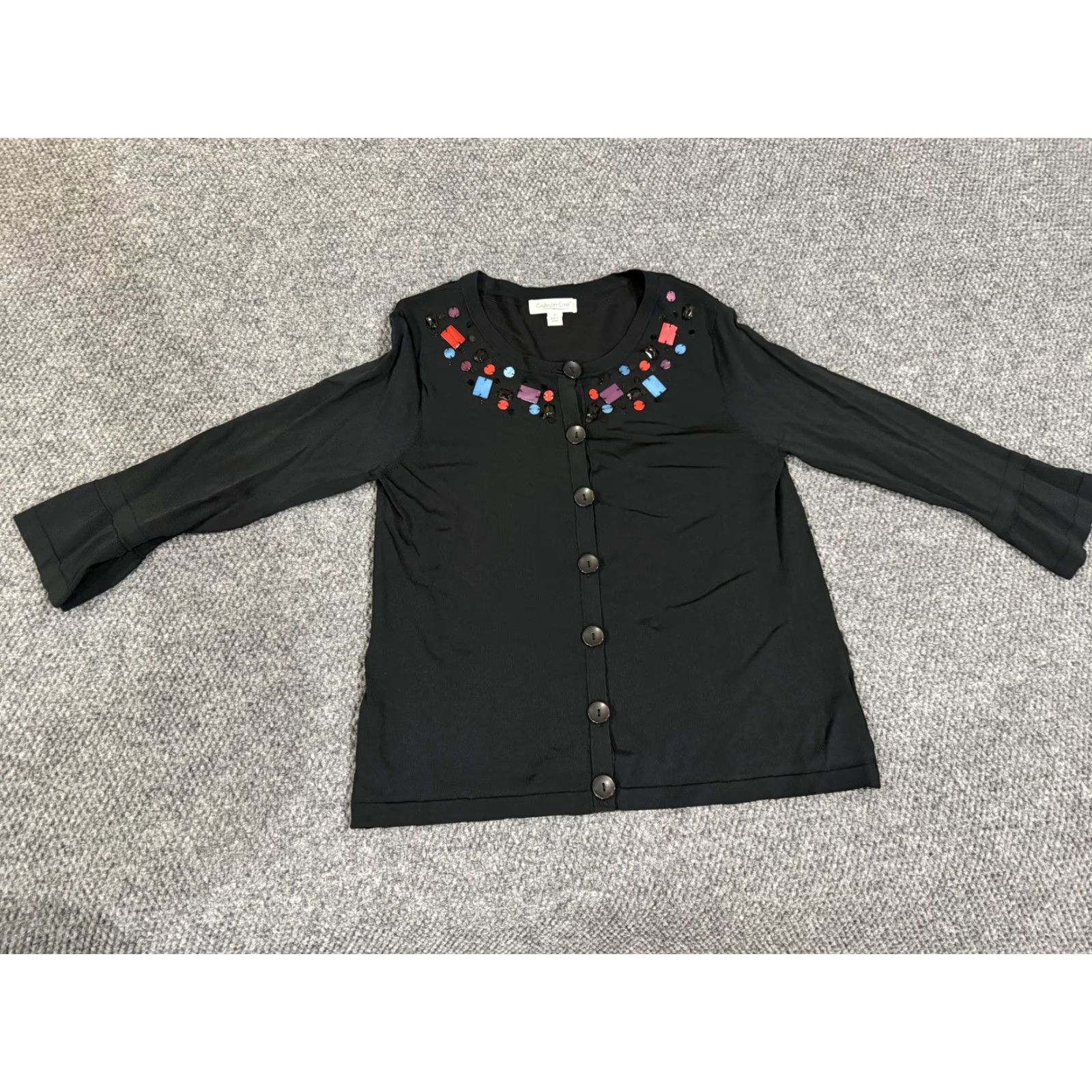 Coldwater Creek Coldwater Creek Cardigan Sweater Womens M Black Beaded Neck Button Front Crew Neck Lightweight Geometric Knit Size M / US 6-8 / IT 42-44 - 2 Thumbnail