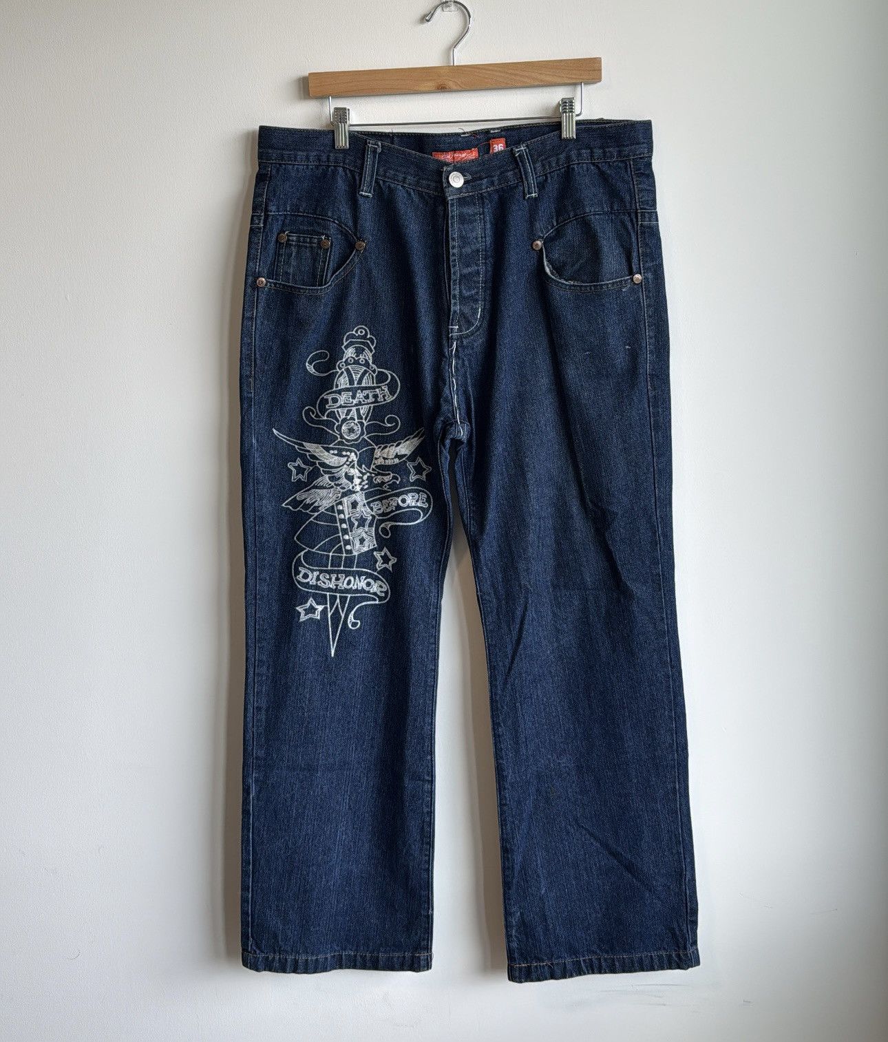 Ed Hardy × Vintage Ed Hardy Embroidered “Death Before Dishonor” Baggy Jeans Size US 38 / EU 54 - 3 Thumbnail