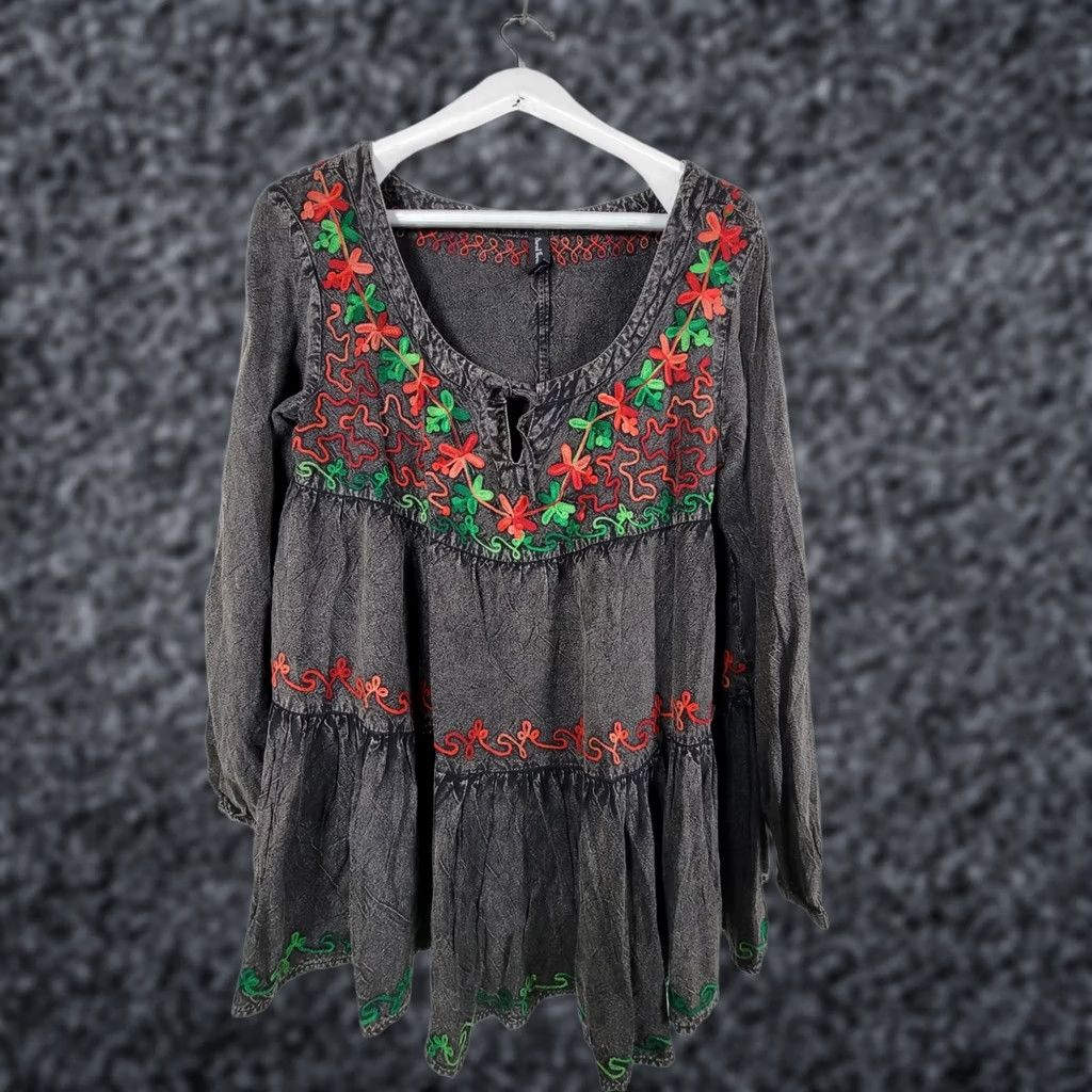 Vintage Sacred Threads Womens Floral Embroidered Tunic Top L/XL Gray Long Sleeve Boho Shirt Size L / US 10 / IT 46 - 1 Thumbnail