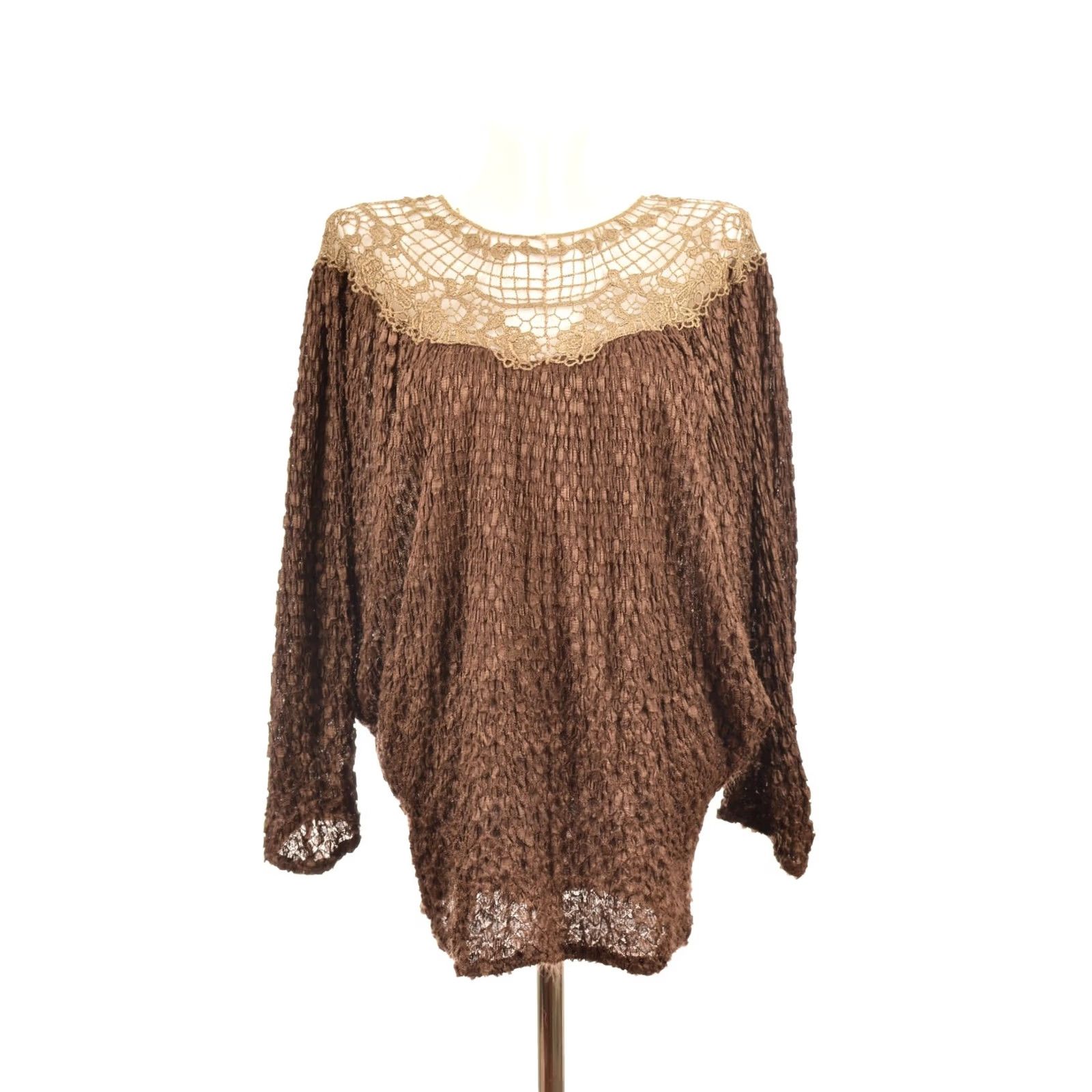 Vintage VINTAGE G. Barhel Paris Blouse Shirt Womens Brown 2 Polyamide Top Crochet Collar Made in France Size XS / US 0-2 / IT 36-38 - 2 Thumbnail