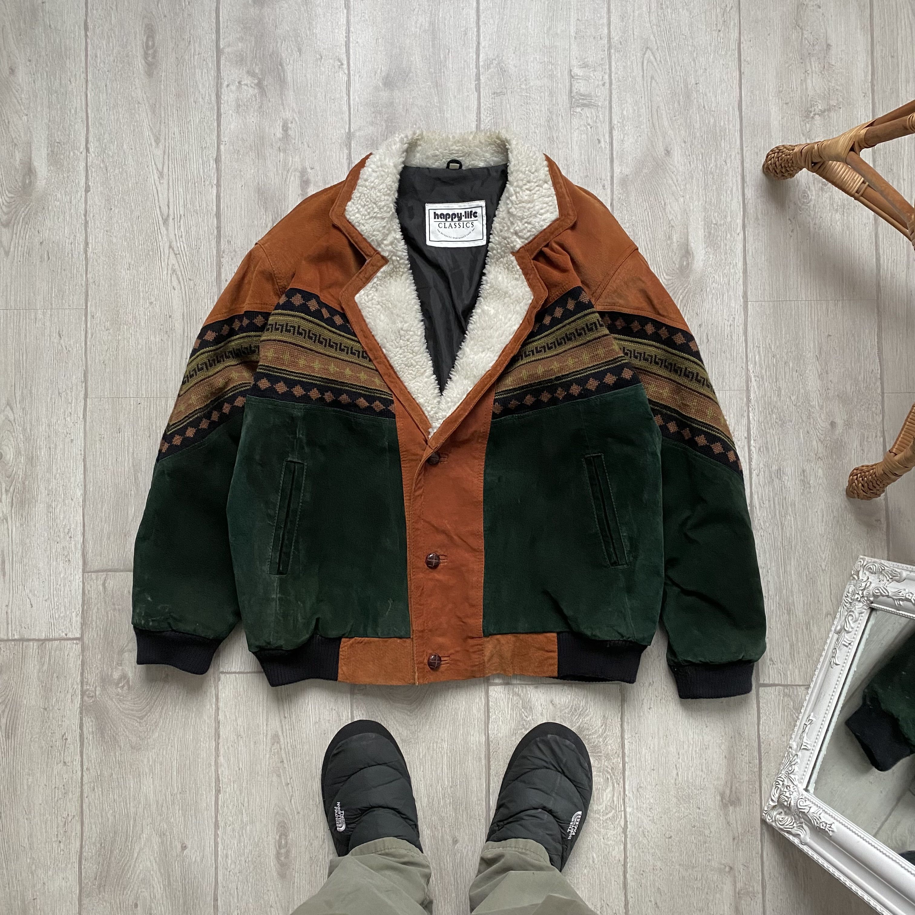 image of Bomber Jacket x Made In USA Vintage 80's Suede Knit Leather Bomber Sherpa Jacket in Brown Green Nul
