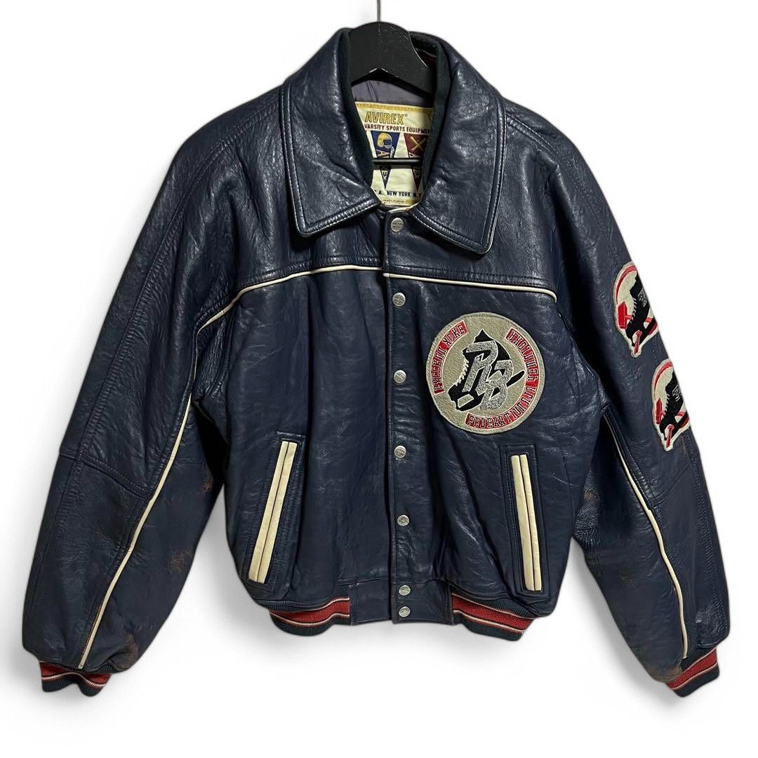 Avirex Avirex - S Navy Leather Stadium Jacket Embroidery Bomber