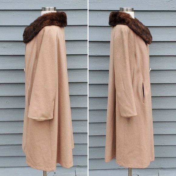Vintage Vintage 50s 60s Jackie O Kennedy Tan Wool Brown Mink Coat Size XL / US 12-14 / IT 48-50 - 3 Thumbnail