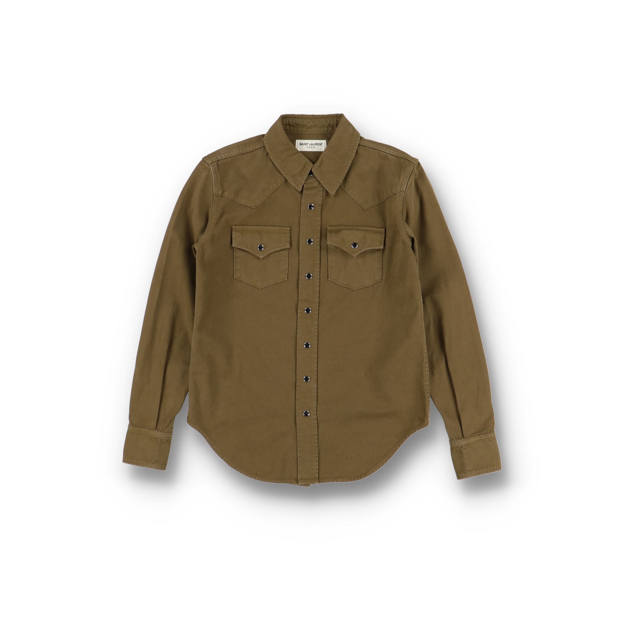 Saint Laurent Paris Khaki Stonewashed Western Yoke Denim Shirt Size XS / US 0-2 / IT 36-38 - 2 Thumbnail