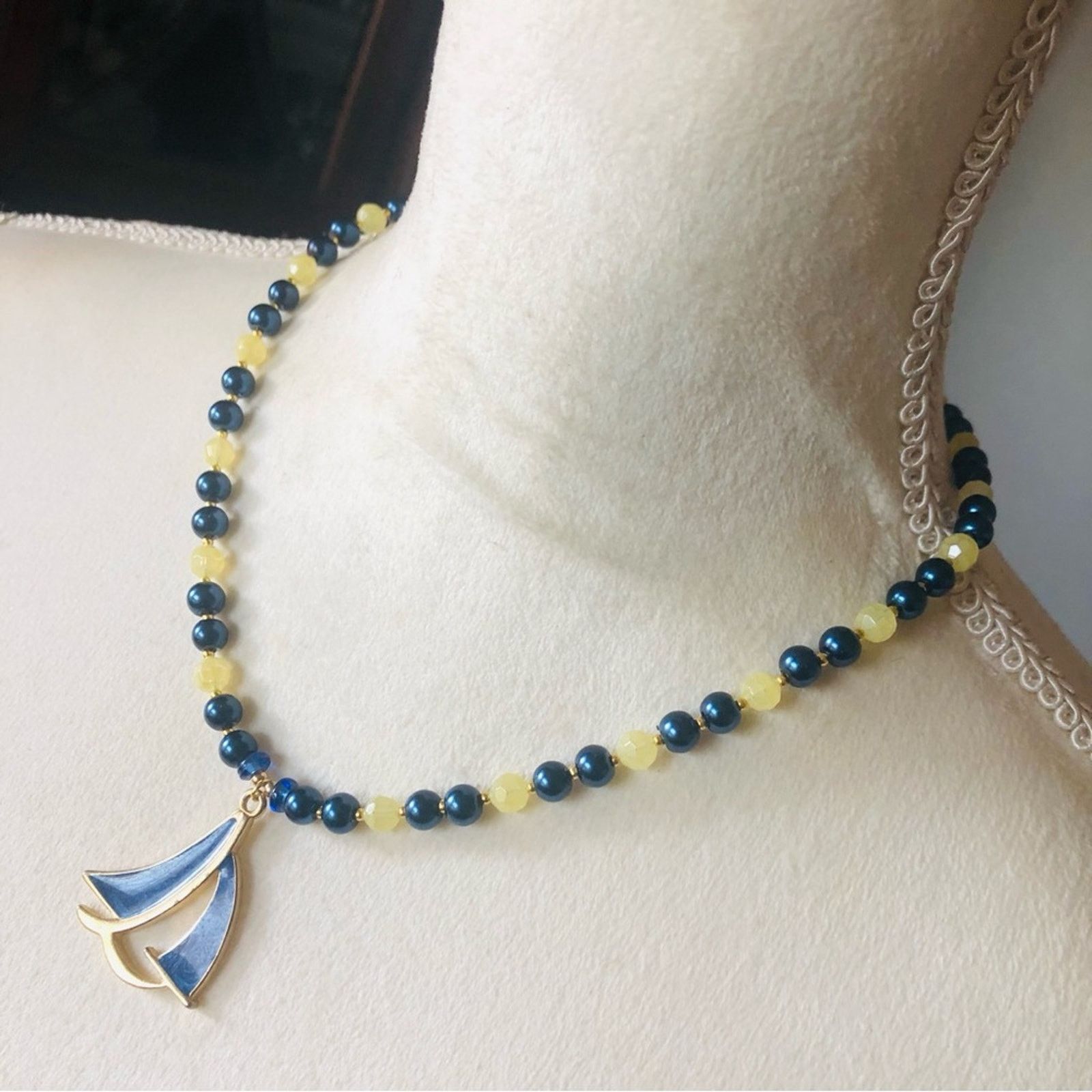 Handmade Handcrafted repurpose royal blue sailboat Pearl necklac Size ONE SIZE - 4 Thumbnail
