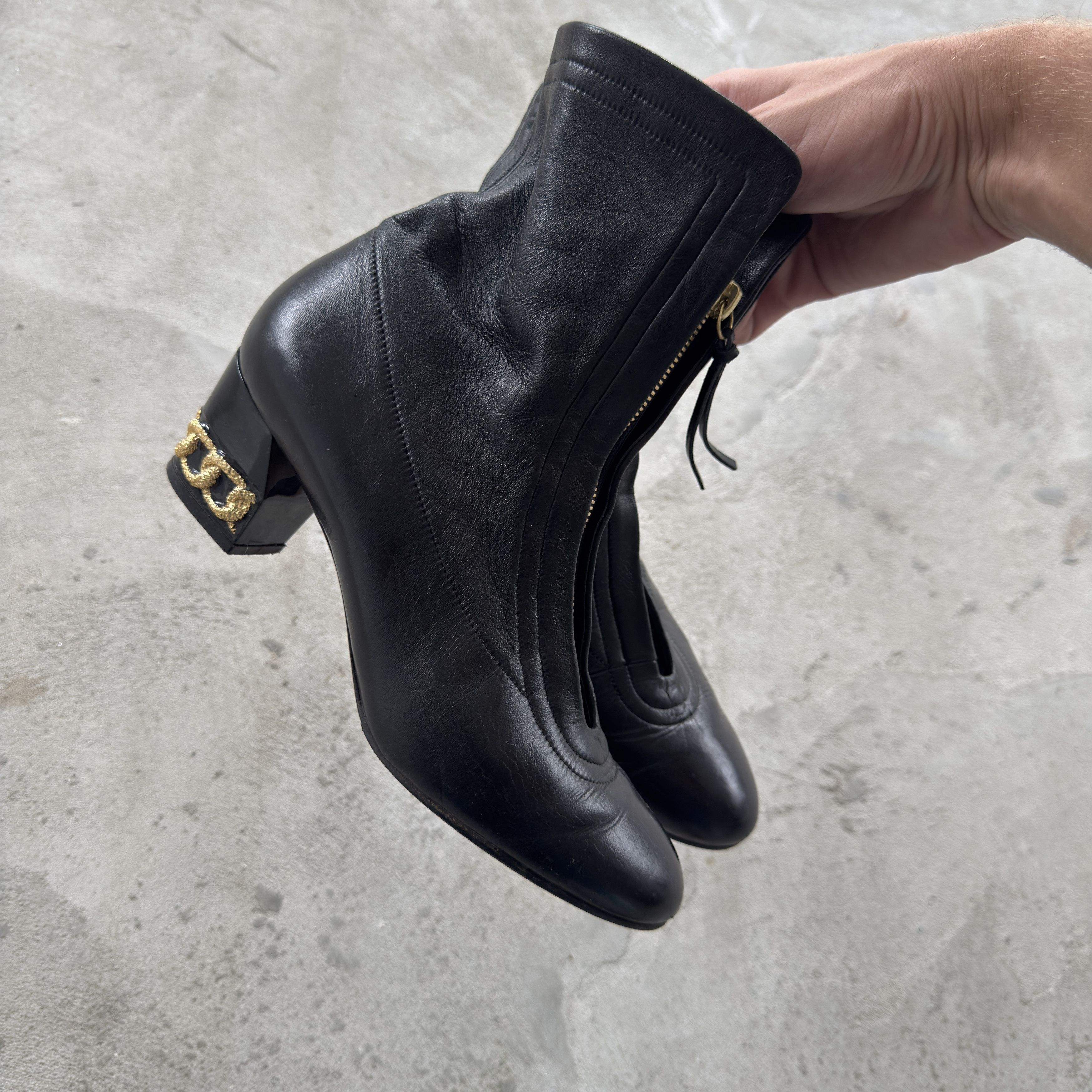 Casadei Vintage 90s Casadei Black Leather Front-Zip Boots Gold Chain Size US 8 / IT 38 - 2 Thumbnail