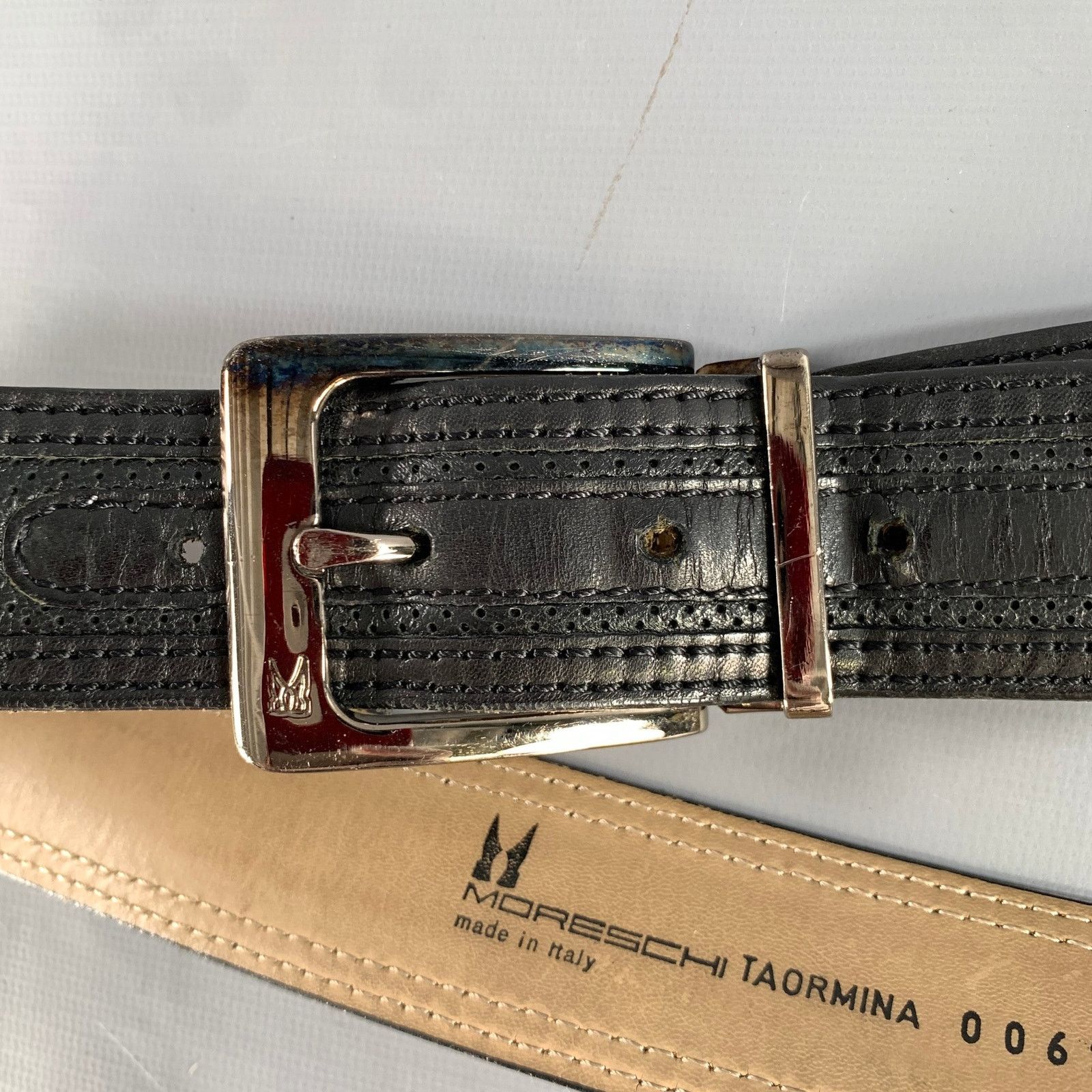 Moreschi MORESCHI Size 38 Black Perforated Leather Belt Size 38 - 6 Thumbnail