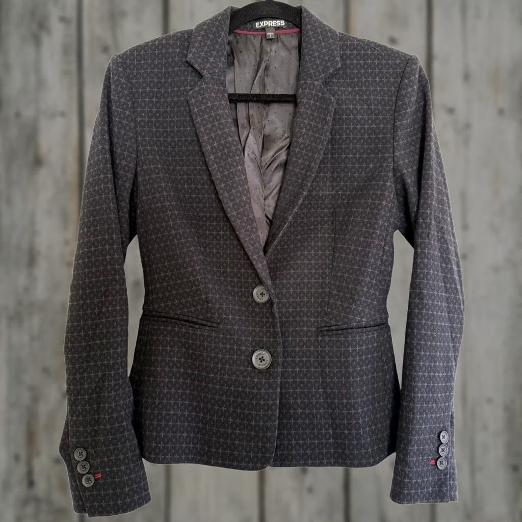 Express Express Navy Geometric Pattern Collared Blazer - Women’s 4, Single-Breasted, Notch Lapel, Pockets, Jacket, Blazer, Pant Suit, NWOT Size S / US 4 / IT 40 - 1 Thumbnail