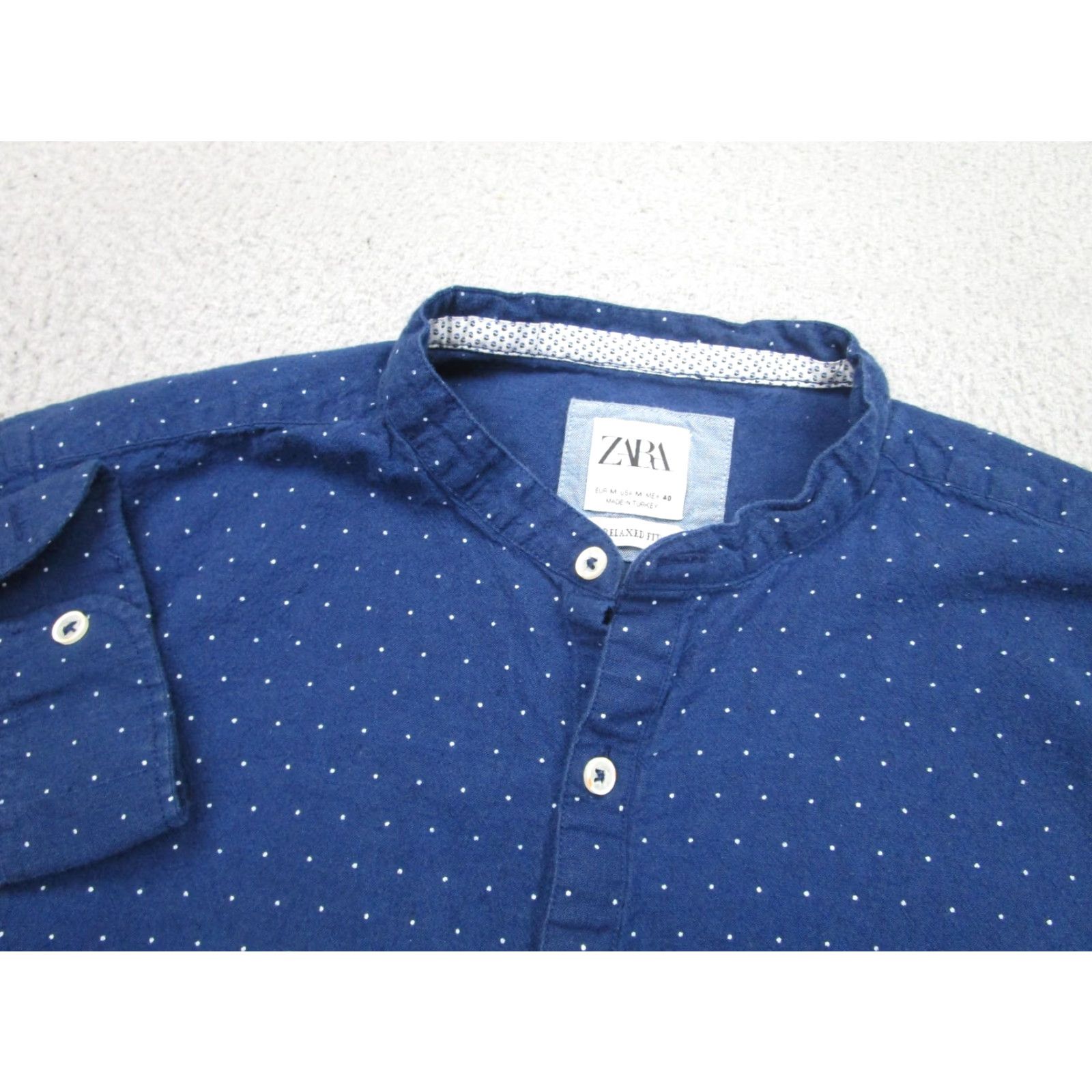 Zara Zara Shirt Mens Medium Blue Dot Relaxed Fit Cotton Linen Band Collar Casual Size US M / EU 48-50 / 2 - 3 Thumbnail