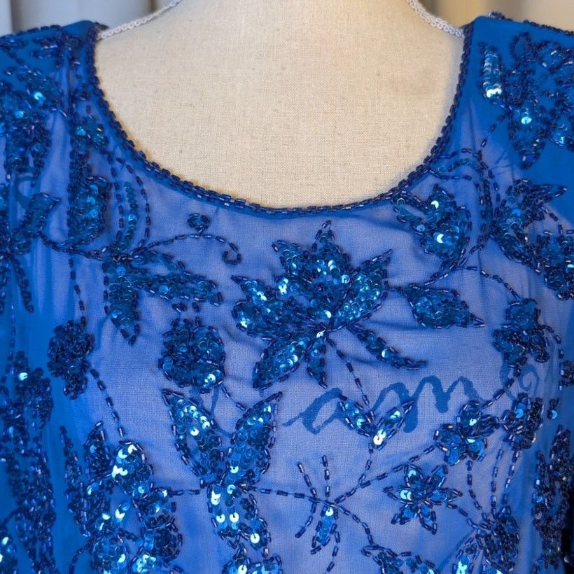 Vintage Vintage 80s Blue Sequin Beaded Silk Sheer Crop Top Floral Size S / US 4 / IT 40 - 13 Thumbnail