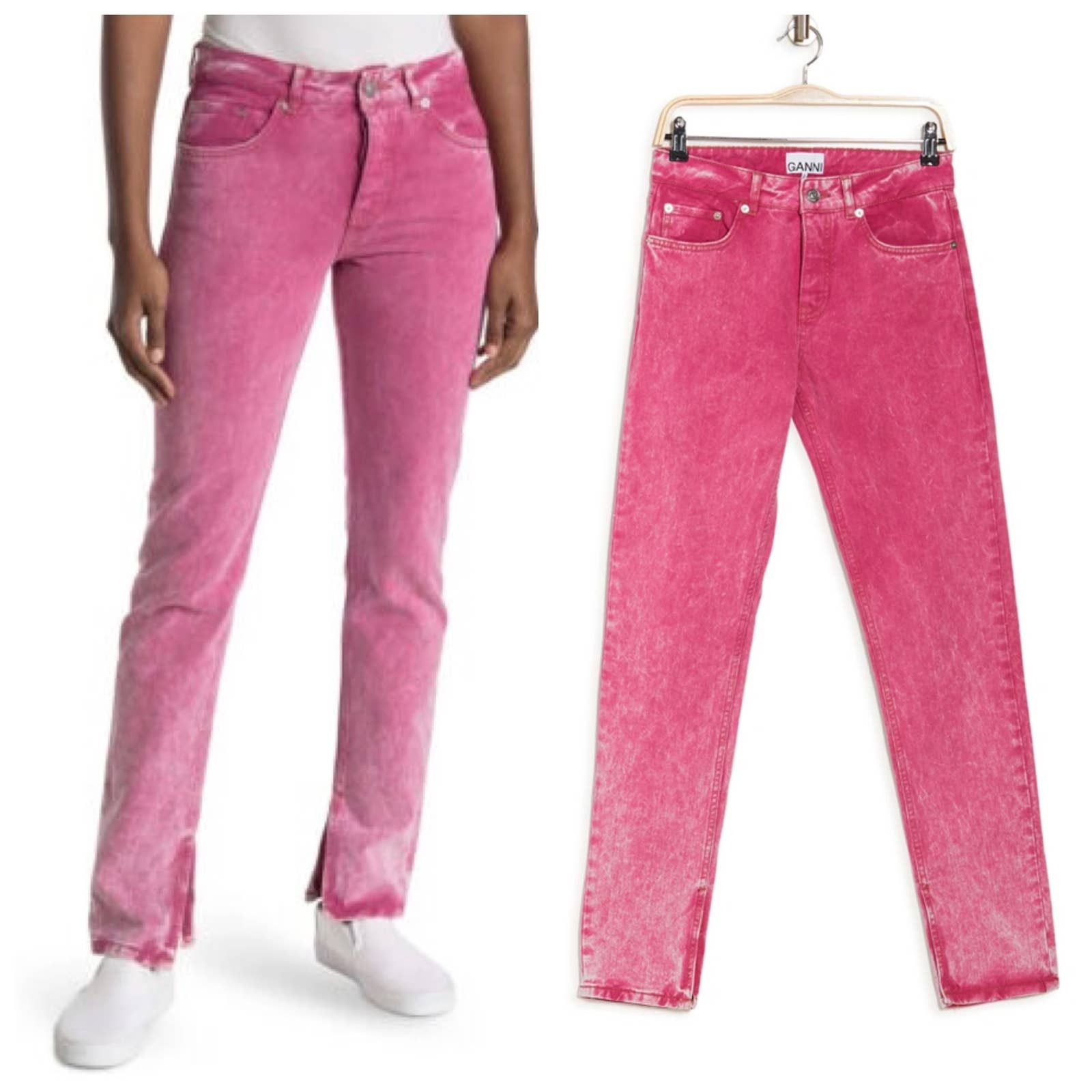 image of Ganni Washed Denim Slit Jeans Fuchsia Red in Pink, Women's (Size 26)