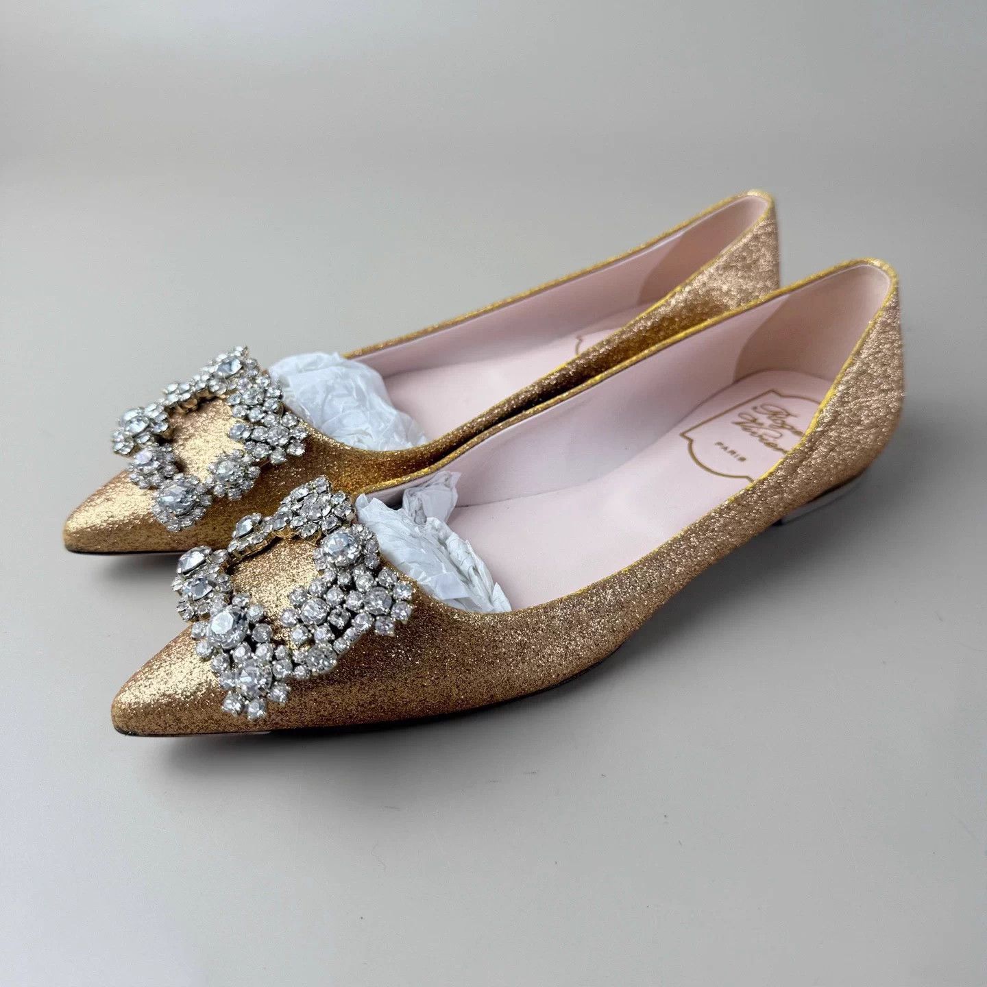 Roger Vivier Rose Gold Crystal Slingback Pumps 35