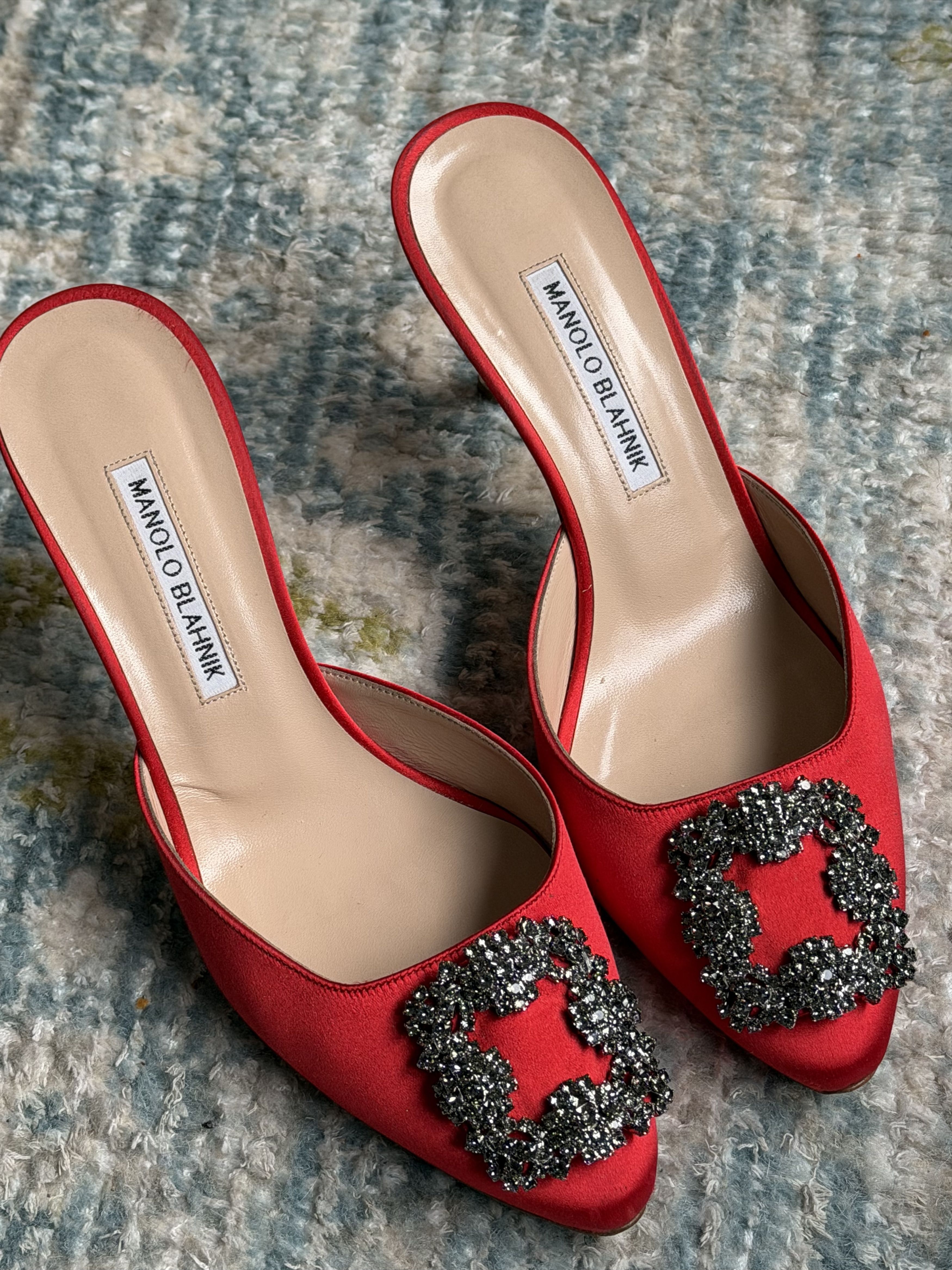 Manolo Blahnik Manolo Blahnik - HANGISIMU, Red Satin Jewel Buckle Mules Size US 7.5 / IT 37.5 - 2 Thumbnail