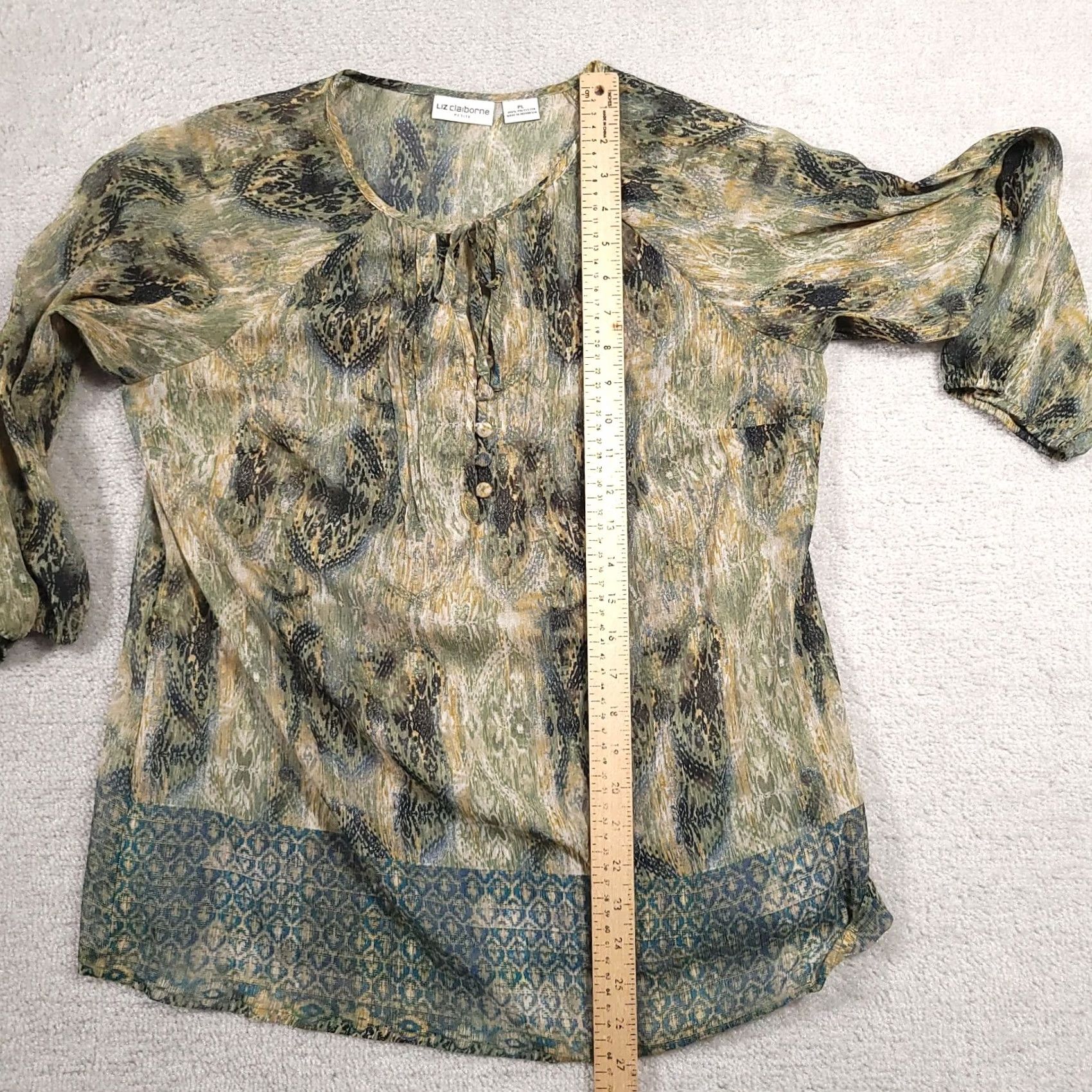 Liz Claiborne Liz Claiborne Shirt Women's PL Petite Green Lightweight Long Sleeve Henley Tie Shirt Size L / US 10 / IT 46 - 7 Thumbnail