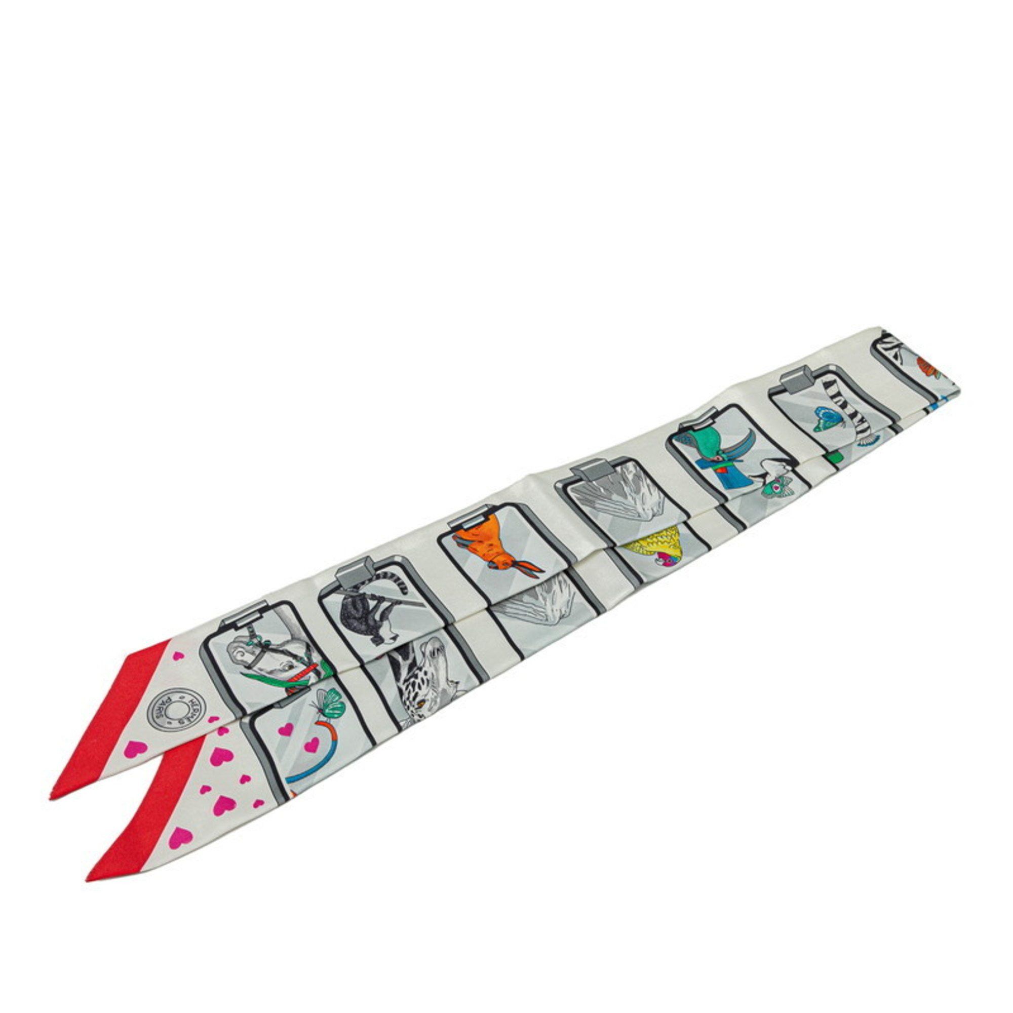 Hermes Twilly HERMES STORY Scarf White Red Multicolor Silk Women's