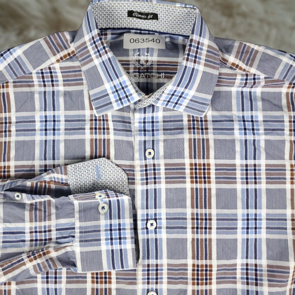 BUGATCHI Bugatchi Uomo Shirt Mens Large Blue Plaid Button-Up Long Sleeve Regular Fit Size US L / EU 52-54 / 3 - 1 Thumbnail