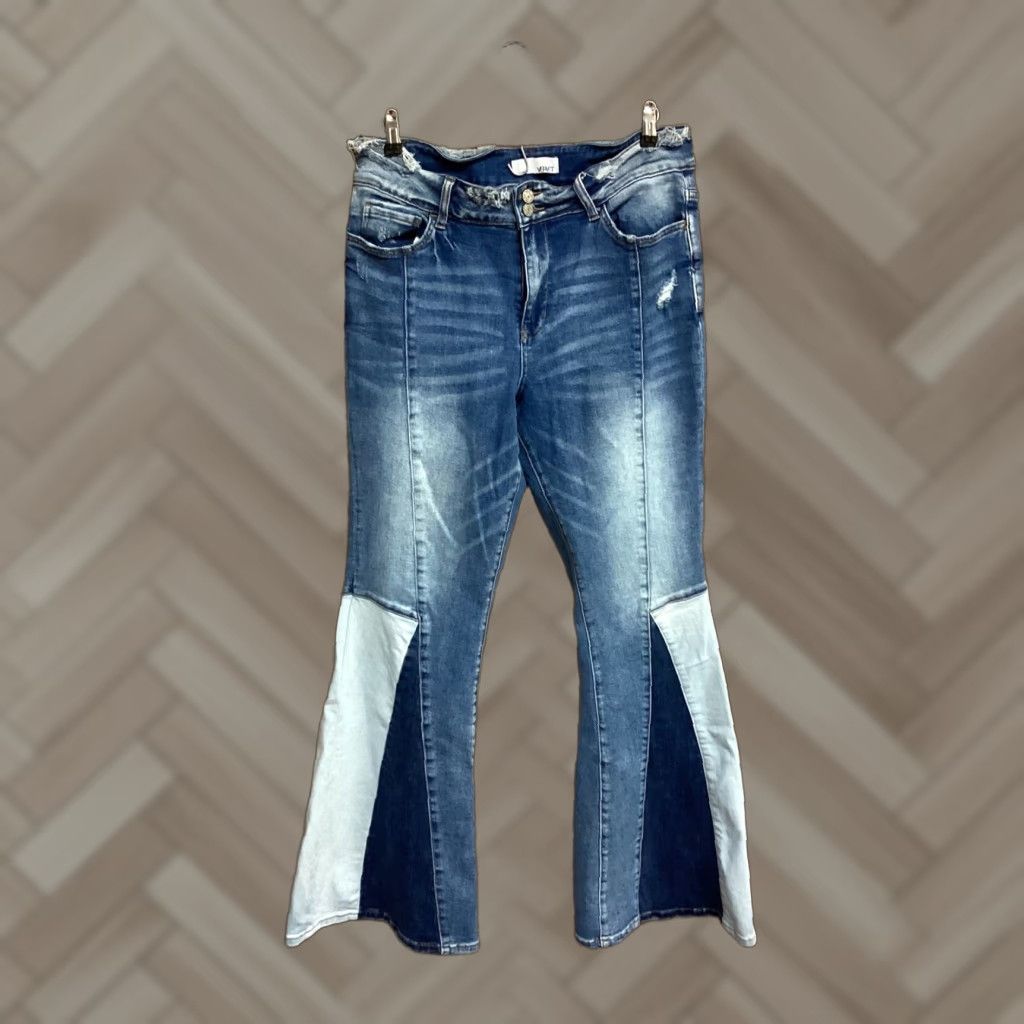 VERVET Jeans Color Block Flared 90s Bell Bottoms Womens Size 32 Blue Stretch Mid Rise 5-Pocket Denim