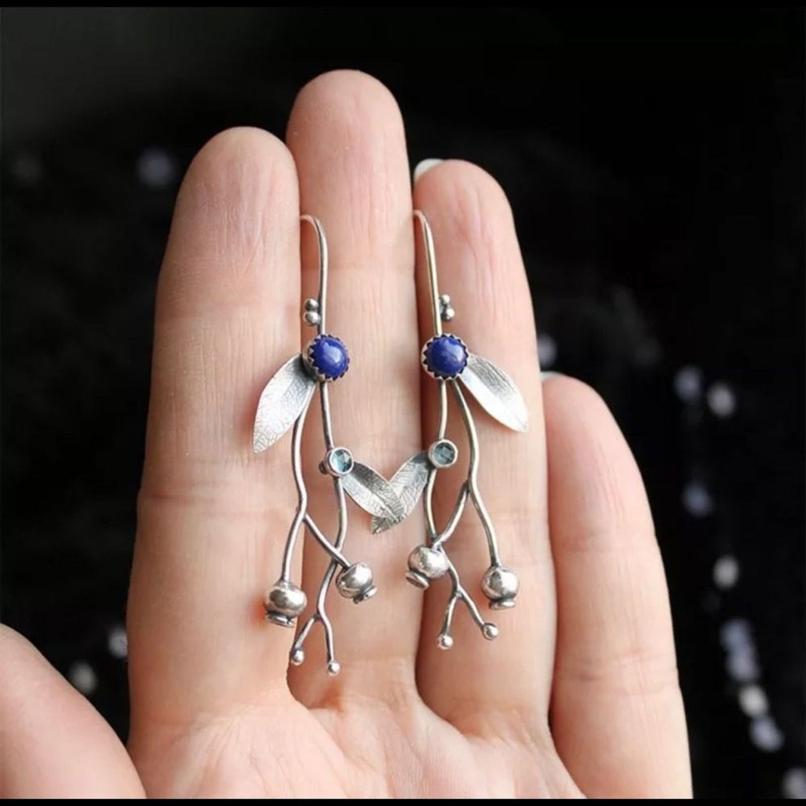 Other Retro Bohemian Flower Branch Inlaid Blue Stone Earrings Size ONE SIZE - 6 Thumbnail