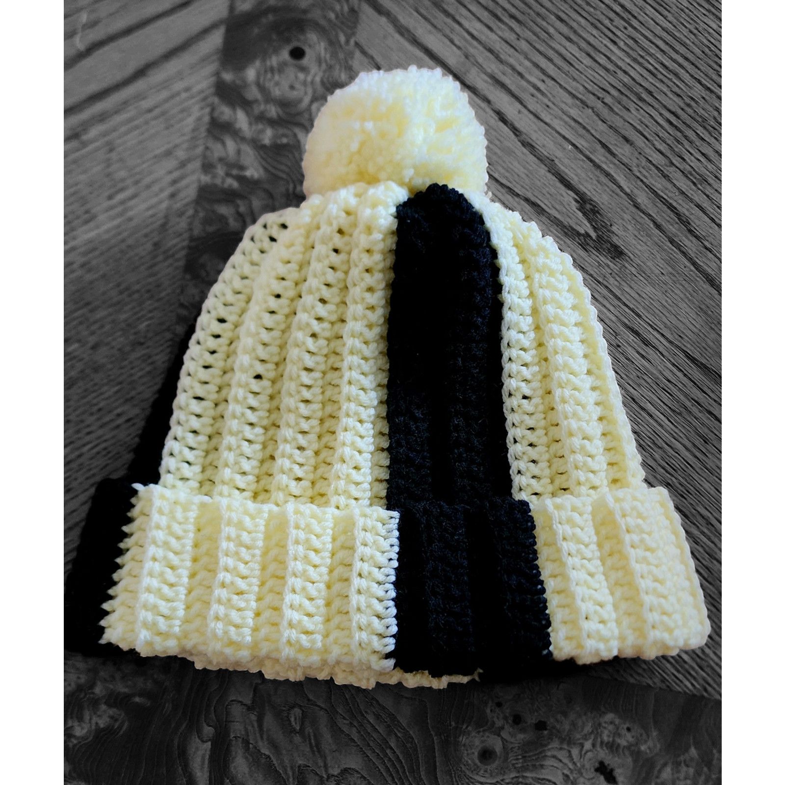 Handmade Handcrafted crocheted yellow and black winter beanie Size ONE SIZE - 4 Thumbnail