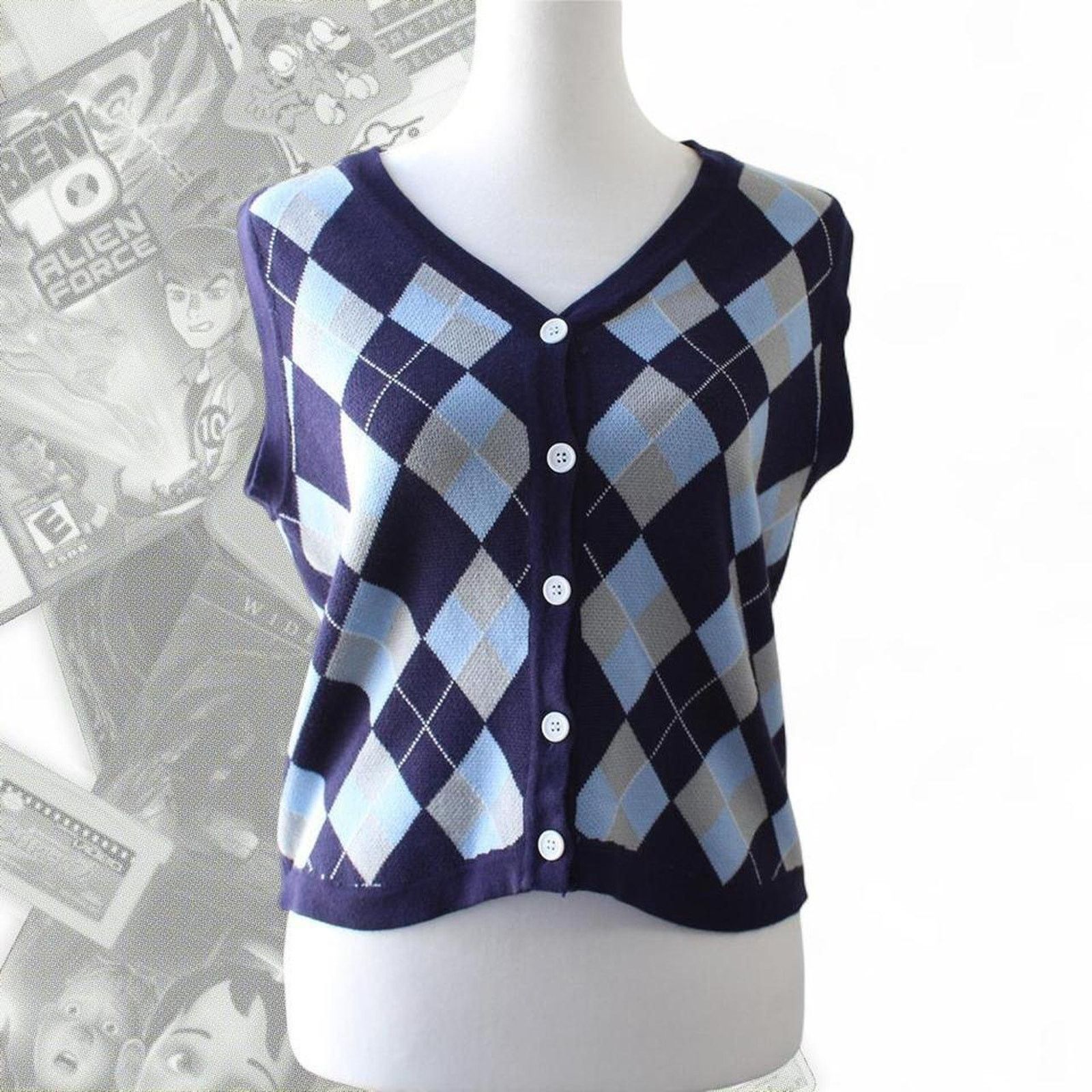 & Other Stories Vintage Blue Plaid Knit Sweater Button up Vest Size M / US 6-8 / IT 42-44 - 1 Thumbnail