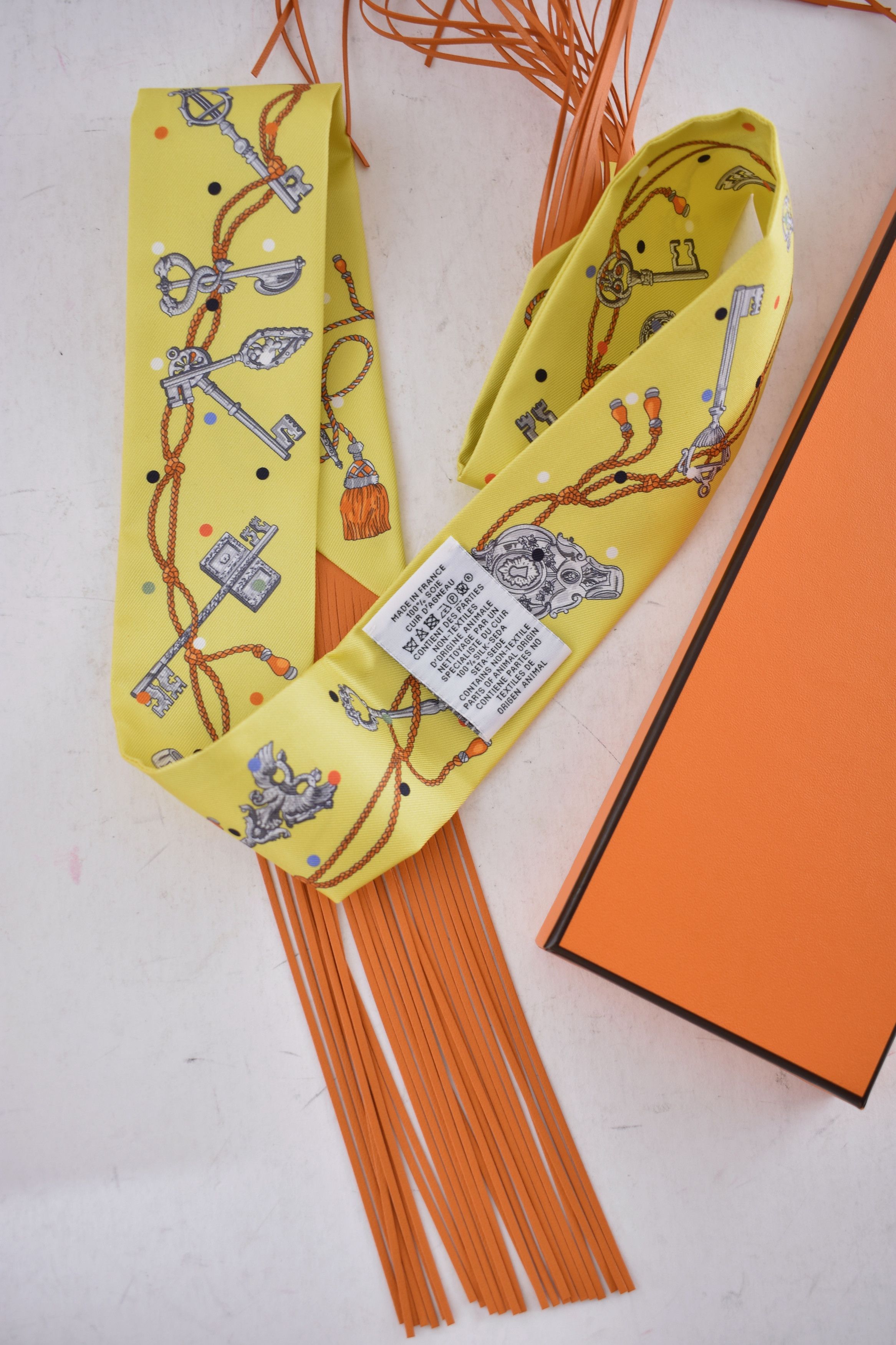 Hermes Scarf Twilly Fringe Leather Les Cles A Pois Jaune Argent Vif Size ONE SIZE - 13 Thumbnail