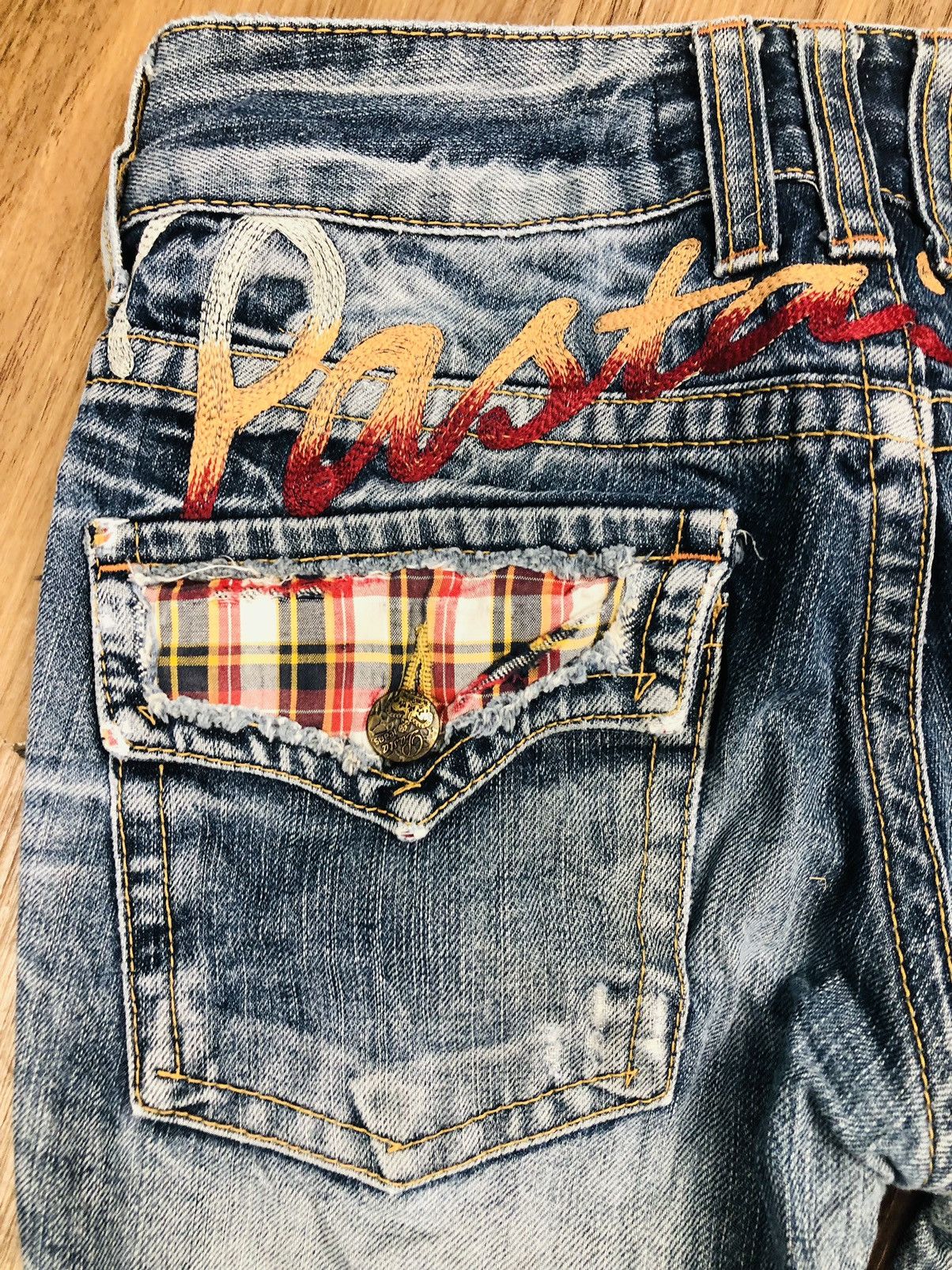 If Six Was Nine Pasta Denim Bootcut Distressed Jeans Plaid Patches (40) Size 26" / US 2 / IT 38 - 18 Thumbnail