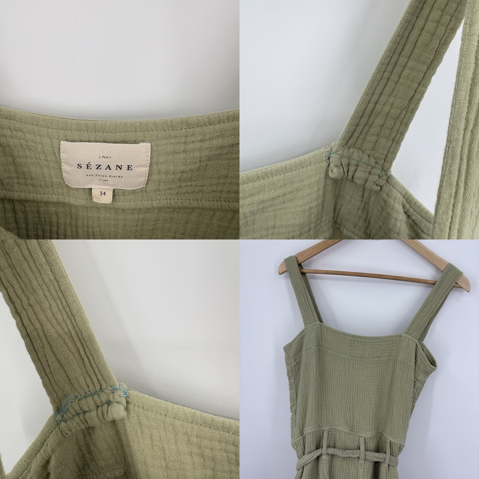 Vintage Sezane Romper Jumpsuit 1 Piece Sleeveless Belted Cotton Rayon Green 2 Regular Women Boho Cottage Gauze Indie Green 2 Size 26" / US 2 / IT 38 - 8 Thumbnail