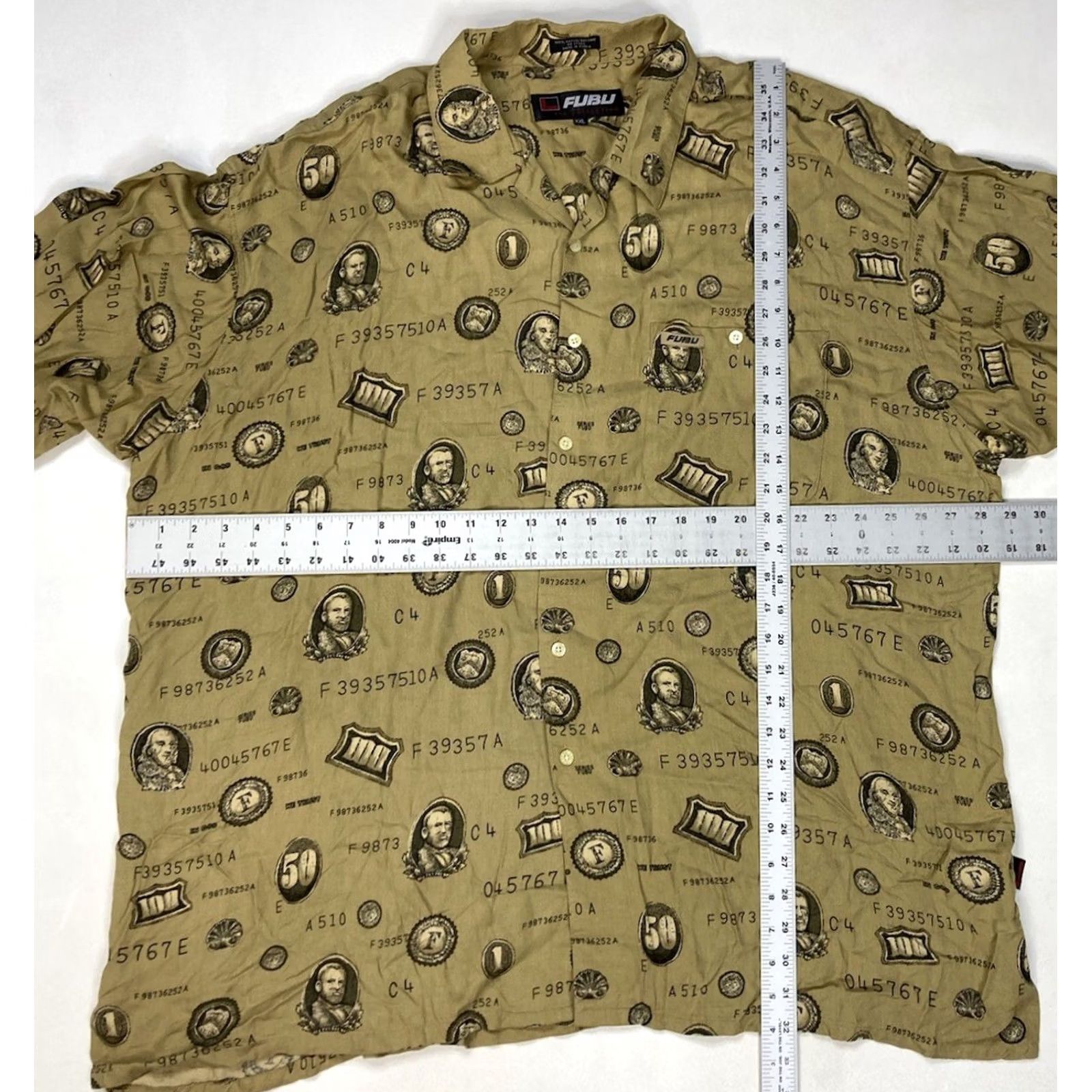 Fubu VINTAGE FUBU Shirt Men XXL Beige Short Sleeve AOP Money 90s City Hip Hop Button-Up Pockets Size US XXL / EU 58 / 5 - 6 Thumbnail