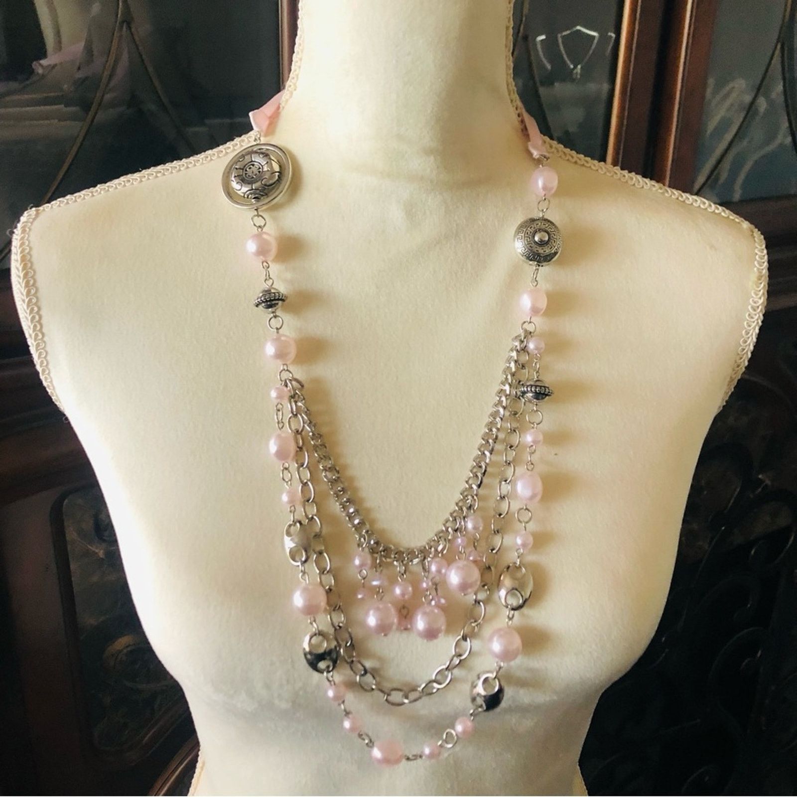 Jewelry Light lilac pearl beaded silver chain ribbon necklace Size ONE SIZE - 3 Thumbnail