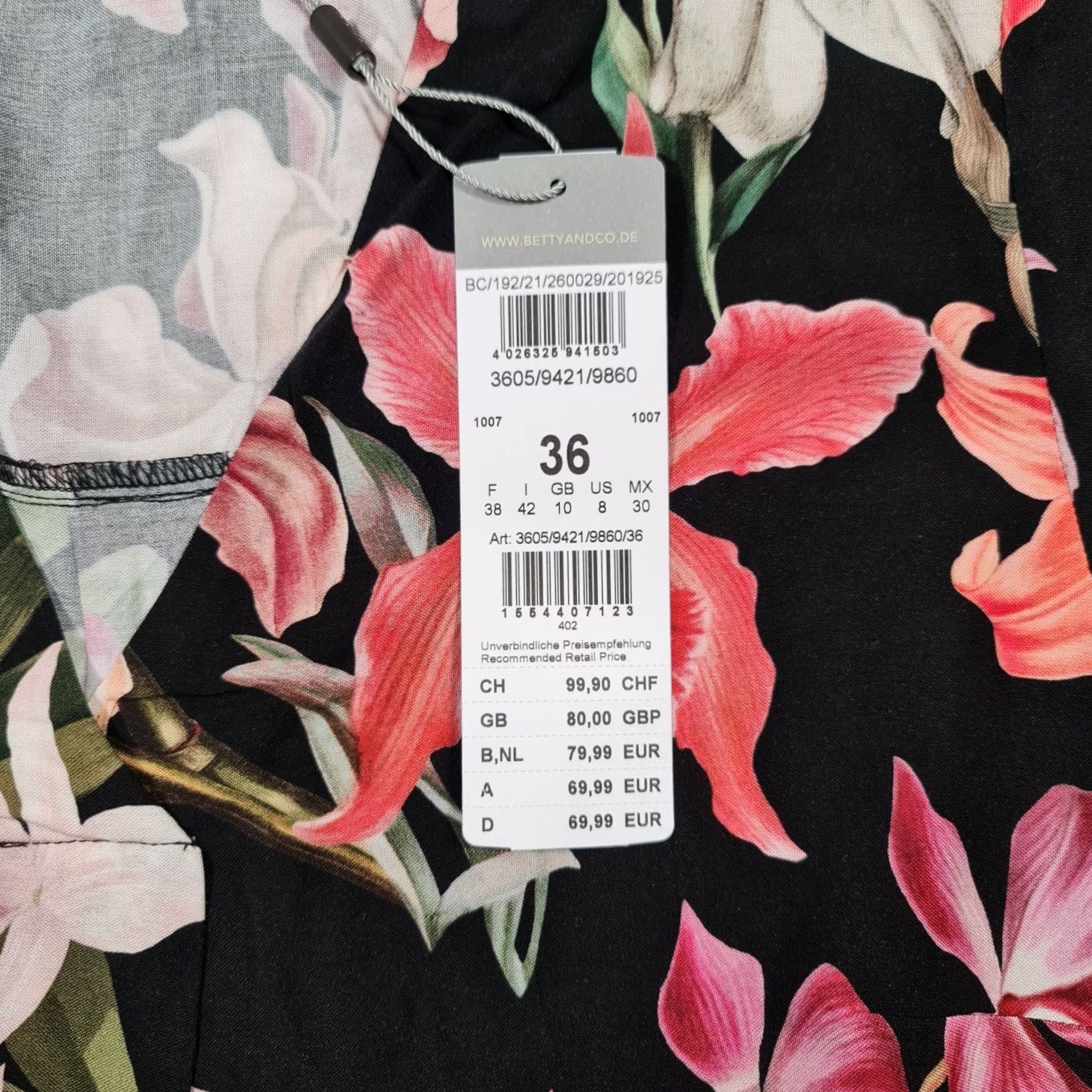 CO Betty & Co Blouse Black 10 UK Floral V-Neck 3/4 Sleeve Tunic Top Womens Size L / US 10 / IT 46 - 3 Thumbnail