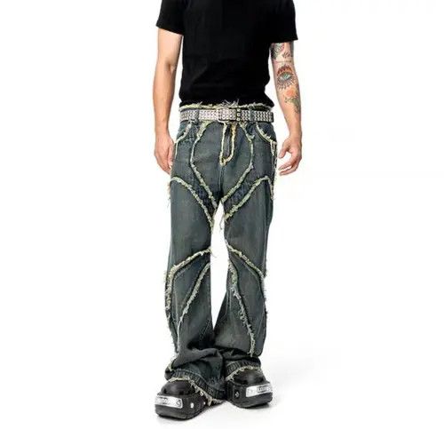 image of Retro Mud-Dyed Raw Edge Washed Distressed Jeans in Mud Dyeing, Men's (Size 32)