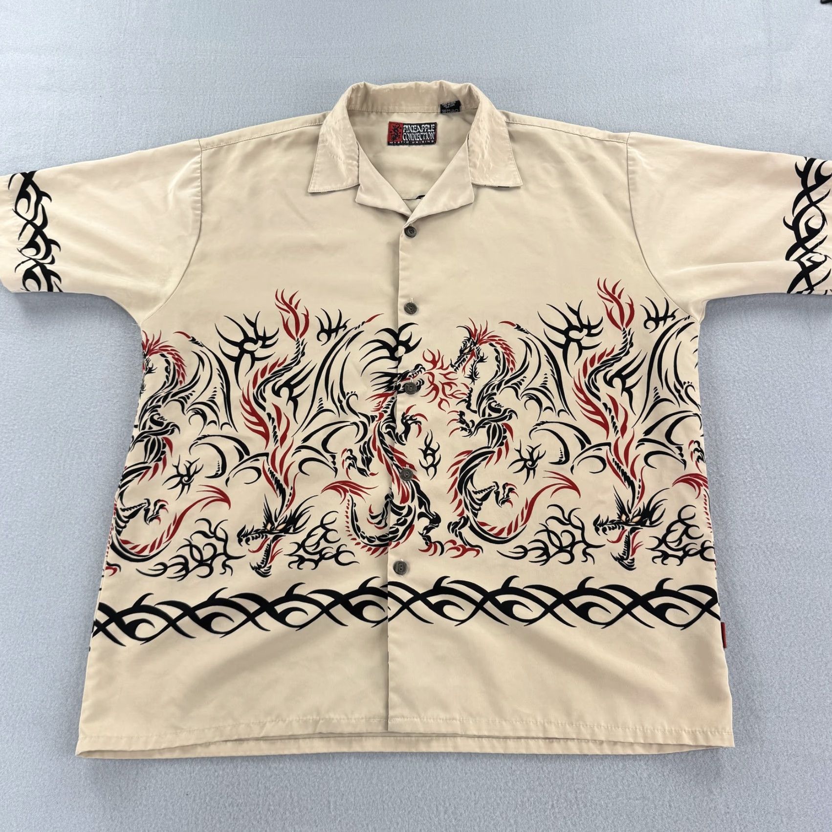 Vintage Pineapple Connection Shirt Mens Large Beige Tribal Dragon Tattoo Print Button Up Size US L / EU 52-54 / 3 - 2 Thumbnail