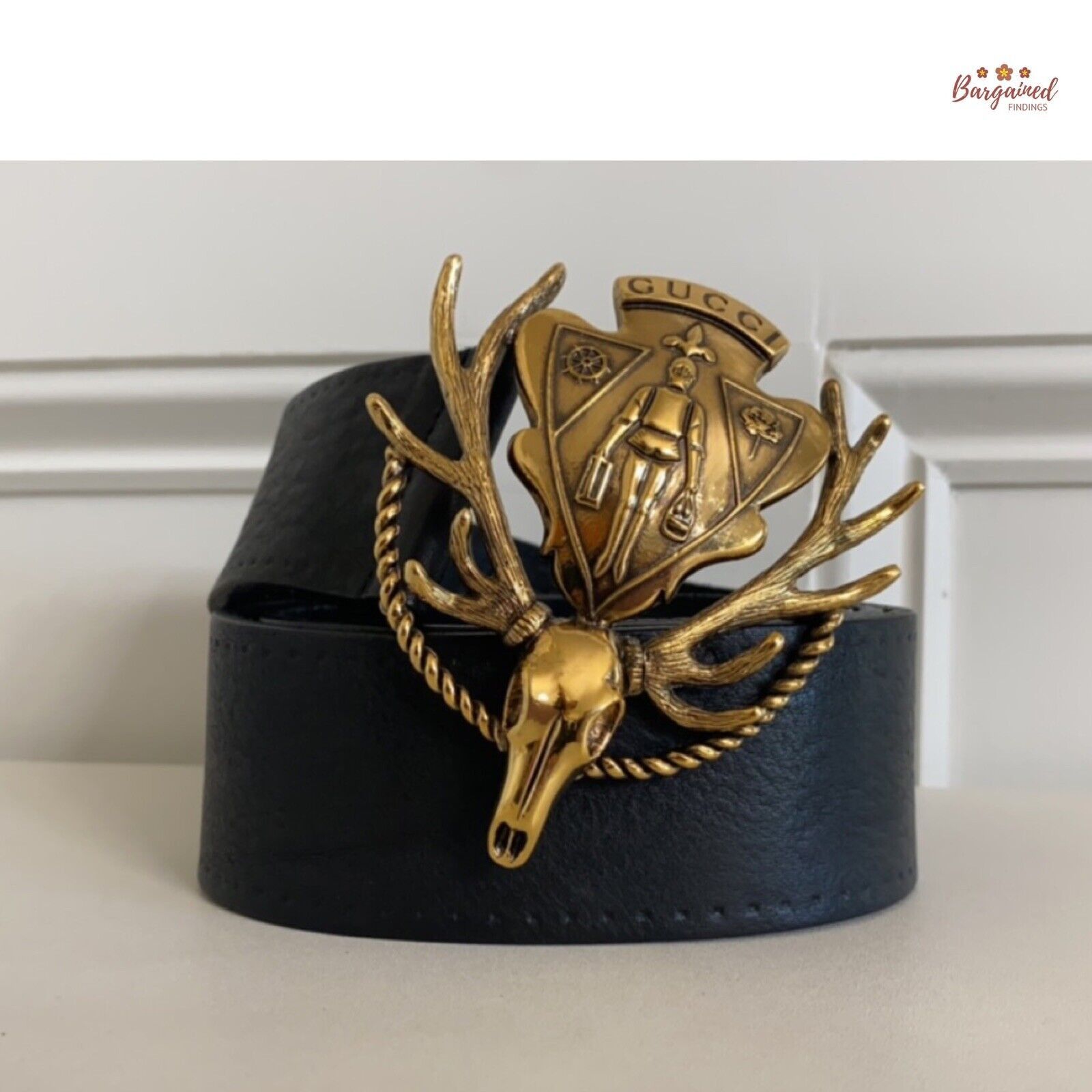 Gucci Black Calfskin Leather Gold Antler Crest Buckle Belt